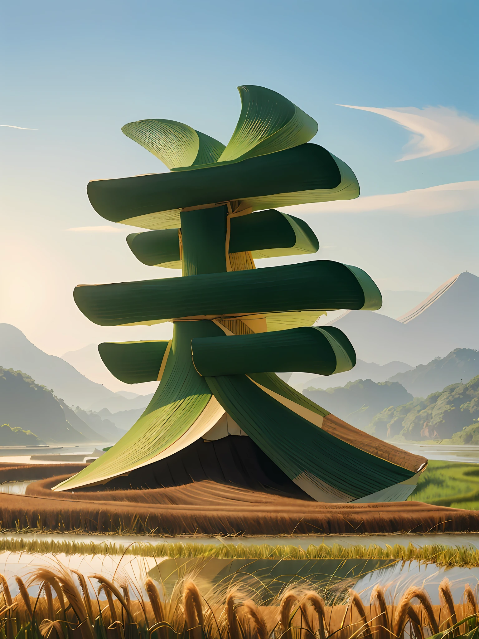 In the distance there is a river beach, rice fields, wheat, reeds, riverside, bamboo forest path on the bank, bamboo forest path standing, highest picture quality
