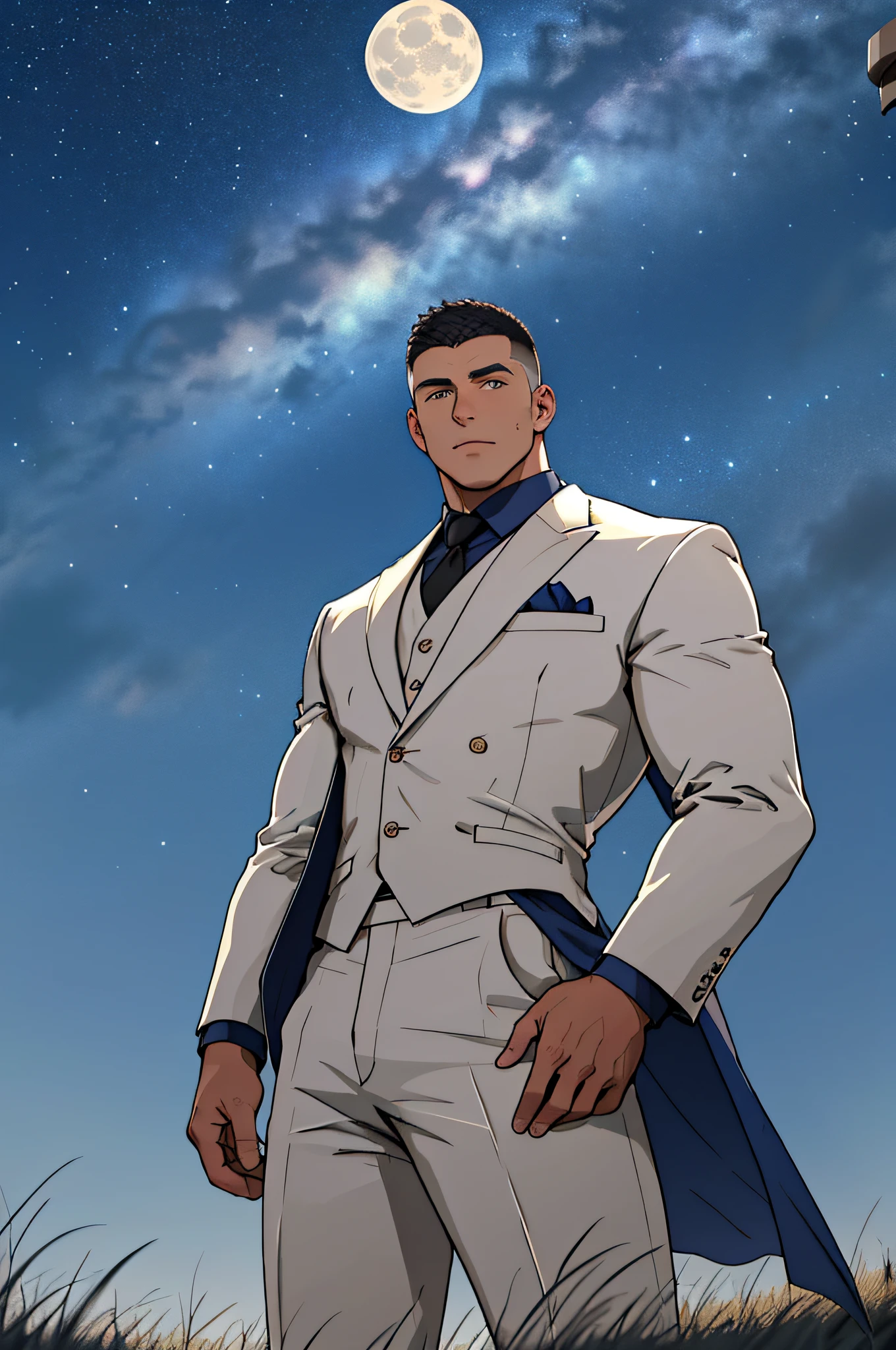 Draw a full-fledged footballer，Standing on the steppe at night，He wears a fancy suit，The man looks confident and determined，looking-down，Crew cut，full bodyesbian，Stars dot the sky，shooting from below，Big moon highlights background