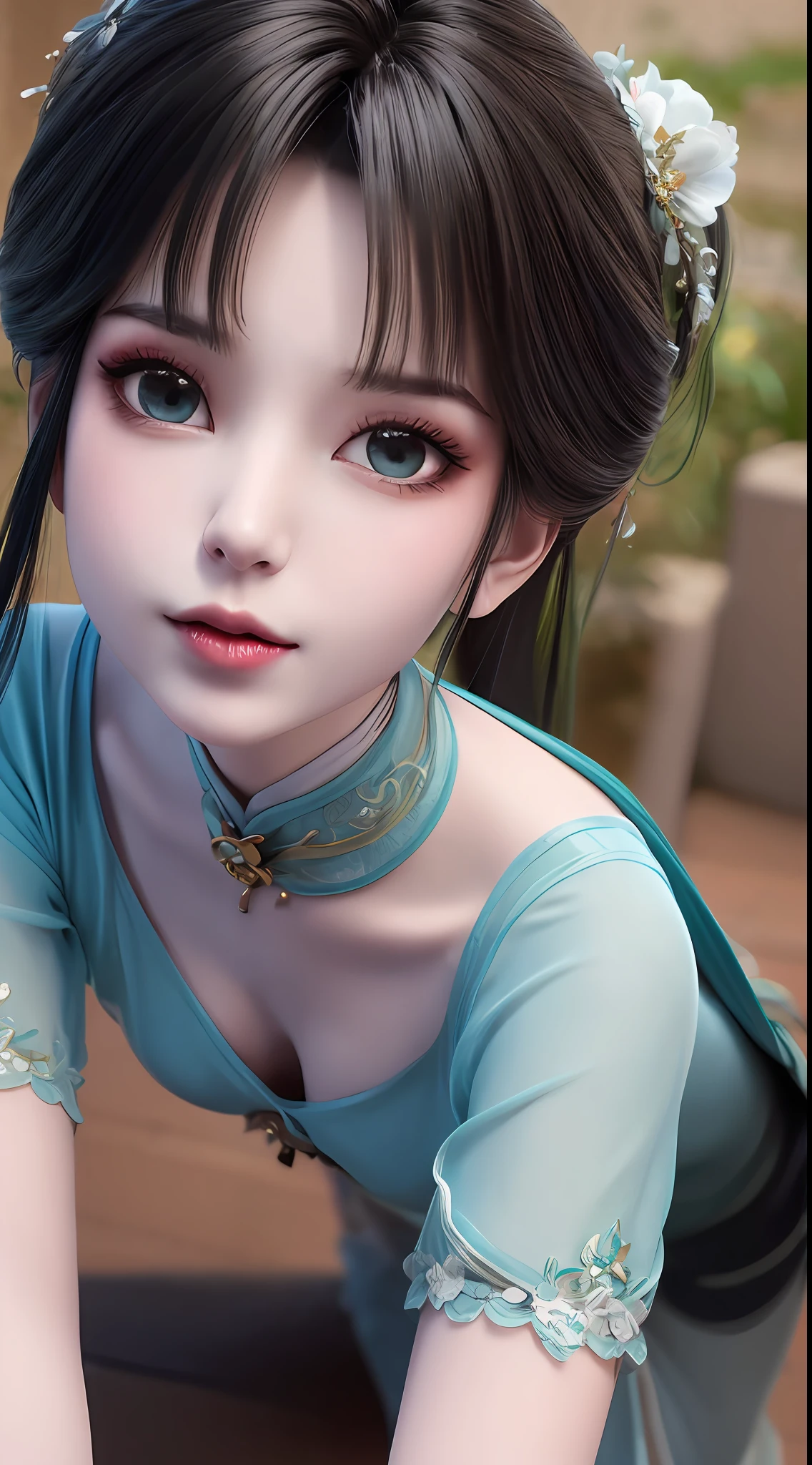 1 realistically beautiful girl, waist length hair, long black hair with a hint of blue,light blue eyes, ancient Ao Dai, style hanfu, wearing a thin silk shirt of ancient China, pink and smooth white skin, wearing a discreet ancient style ao dai, appears shoulders and head in the photo,cute little face, eye bags under wet makeup, plump red lips, pout, ((closed mouth:1.0)), balanced incisors, embarrassed, small face makeup detailed and very beautifull, The breasts are super round and tight, breast augmentation, blum boobs, Cover the girl's chest with a camisole inside, blush, from front, wear earrings, necklaces, from above, looking at viewer, upturned eyes, full body, masterpiece, top quality, best quality, official art, unity 8k wallpaper, highres, ultra-high res, ultra-detailed, (photorealistic:1.2), alone, solo, Only 1 girl, style hanfu Dunhuang, 10x pixels, super realistic, ultra high quality, full body view of the girl, upper body,