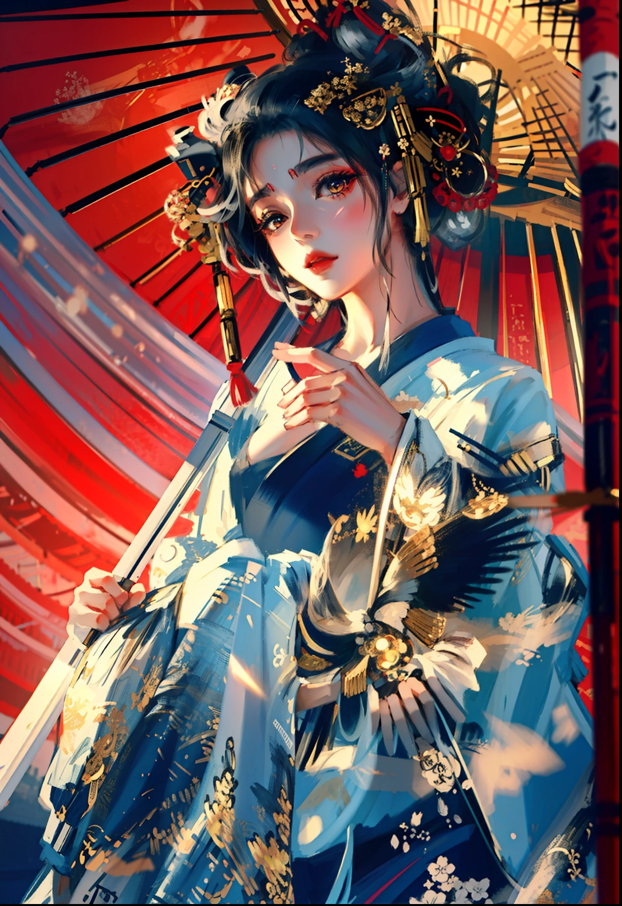 A woman in a kimono holds an umbrella，tmasterpiece，Exquisite jewelry，Delicate bracelet，Delicate hair accessories，The feeling of being high，The aperture is behind it，Ukiyo-e, japanese-inspired, Japanese goddess, japanese geisha, traditional geisha clothing, Japanese kimono, intricate geisha kimono, Japanese style, traditional japanese, glamorous and sexy geisha, japanese-inspired，Charming，holding an umbrella in her hand，robe，Gorgeous silk，Flowing tulle，Dazzling background，Golden aperture on the back，The golden wheel of Falun is behind it，best light，Backlit shooting，cinematic filter，hyper HD，8k，White skin of the，Wolp_style,duhuang_style，upperbody closeup，Detailed face，Professional classical dance moves，（Side Body：1.4），28 year old，1girl，slim toned body，Digital illustration art，Superb art painting