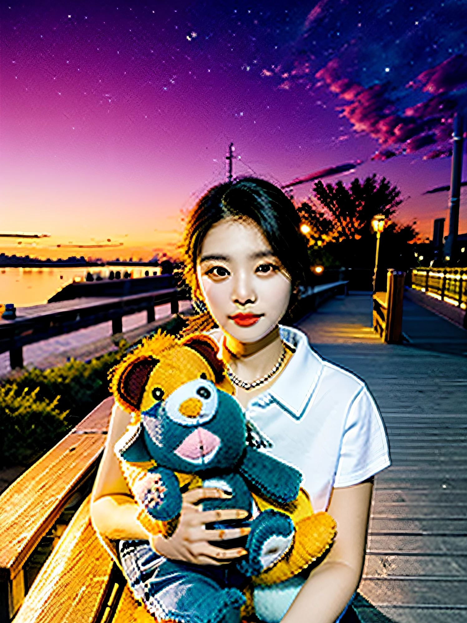 There was a woman holding a stuffed animal on a bench, With sunset,