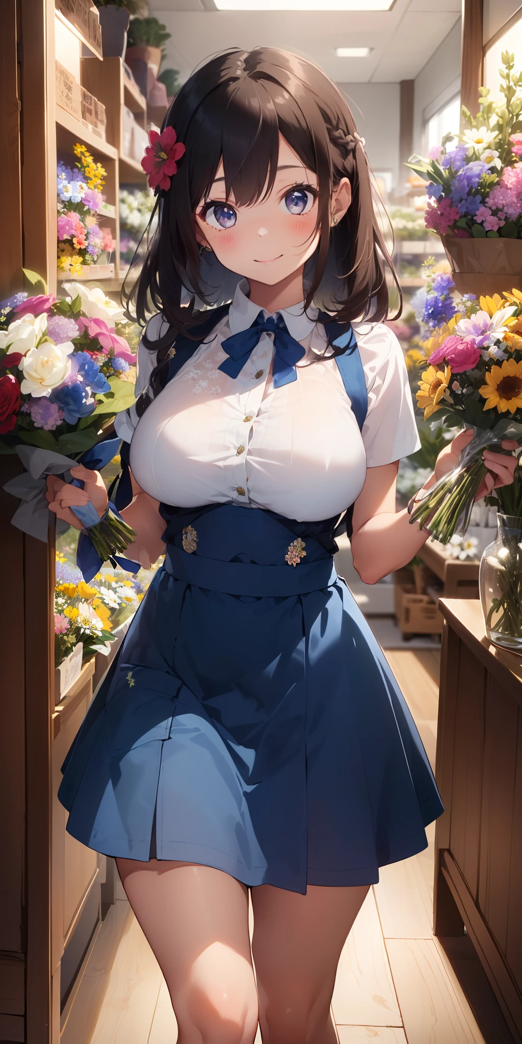 (frombelow:1.4)、((1girl in)),Light Brown Fringe Hair、Braided hair、disheveled hair、Light brown eyes、(A smile)、(爆乳:1.4)、Emphasize the valley、fittingroom、(Photorealsitic)、(intricate detailes:1.2)、(masterpiece、:1.3)、(top-quality:1.4)、(超A high resolution:1.2)、超A high resolution、(A detailed eye)、(detailed facial features)、 (Dark blue suspender skirt:1.4),(Dark blue apron:1.2), (double-breasted,Underbust:1.2), (Dark blue high-waisted skirt:1.3), (Apron over dark blue skirt:1.3), (White shirt:1.2), buttonGap,Short sleeves, nametag,(Red blusher:1.2)、(Flower Shop:1.4)、(The background is full of flowers:1.4)、(Bouquet in hand:1.4)、(A lot of flowers in a vase:1.4)
