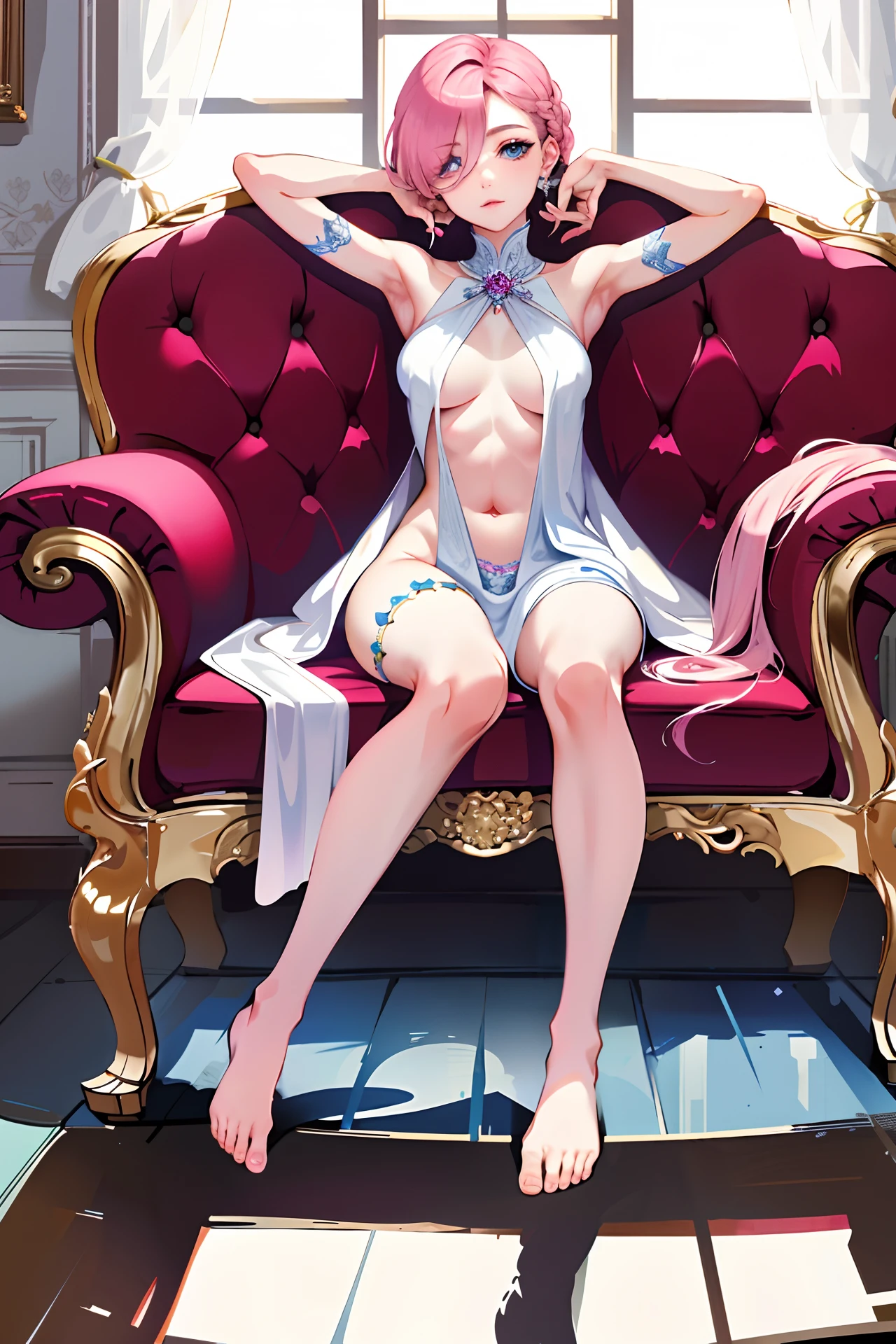 Masterpiece, Superb breathtaking views, Perspective, extremery best quality, extremery detailed CG, 8K wallpaper, high resolution, highly detaiiled face, Highly restricted eyes,Perfect anatomy,Super detailed skin,
(Dynamic Angle, Dynamic pose:1.2), Indoors, Living room, window, (Portrait, legs focus, Close one eye:1.3), (Beautiful face, Beautiful eyes, Beautiful legs:1.3),
1 girl, Solo, (underdressing,pantiess:1.3), Large breasts, Pink hair, Long hair, Floating hair, short detailed hair, , blue color eyes, (on a sofa, Sitting:1.3), (Spread legs:1.2), Break, (Barefoot:1.3), (Abs, navel, :0.8), Arms up, Skinny, Slender, NSFW