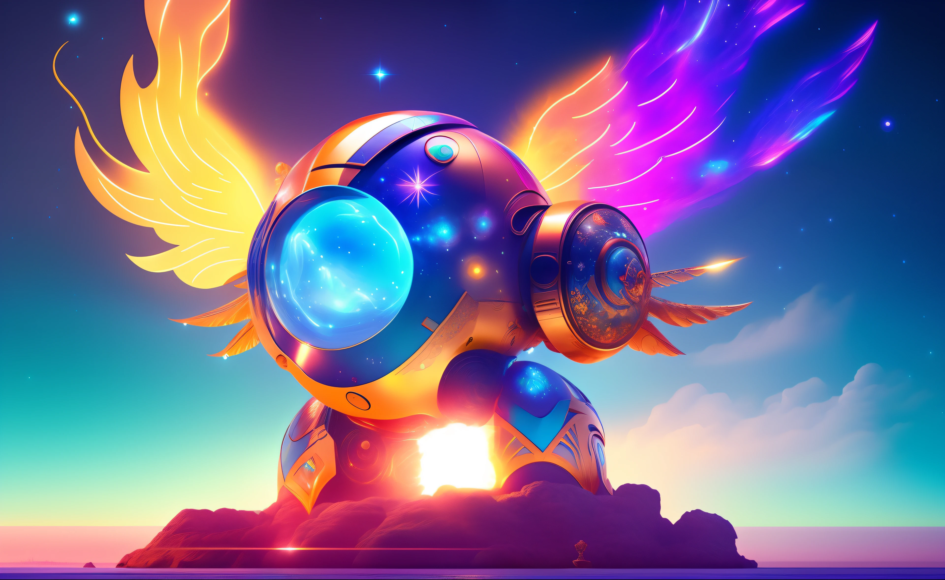 Round a giant biollante-inspired glow and cute space mascot
Fantasy-style robot with colorful phoenix-shaped metal - giant space robot inspired by Biollante stretches towards the stars, Tendrils twist and rotate in all directions, Cosmic petals glow with falling brilliant light