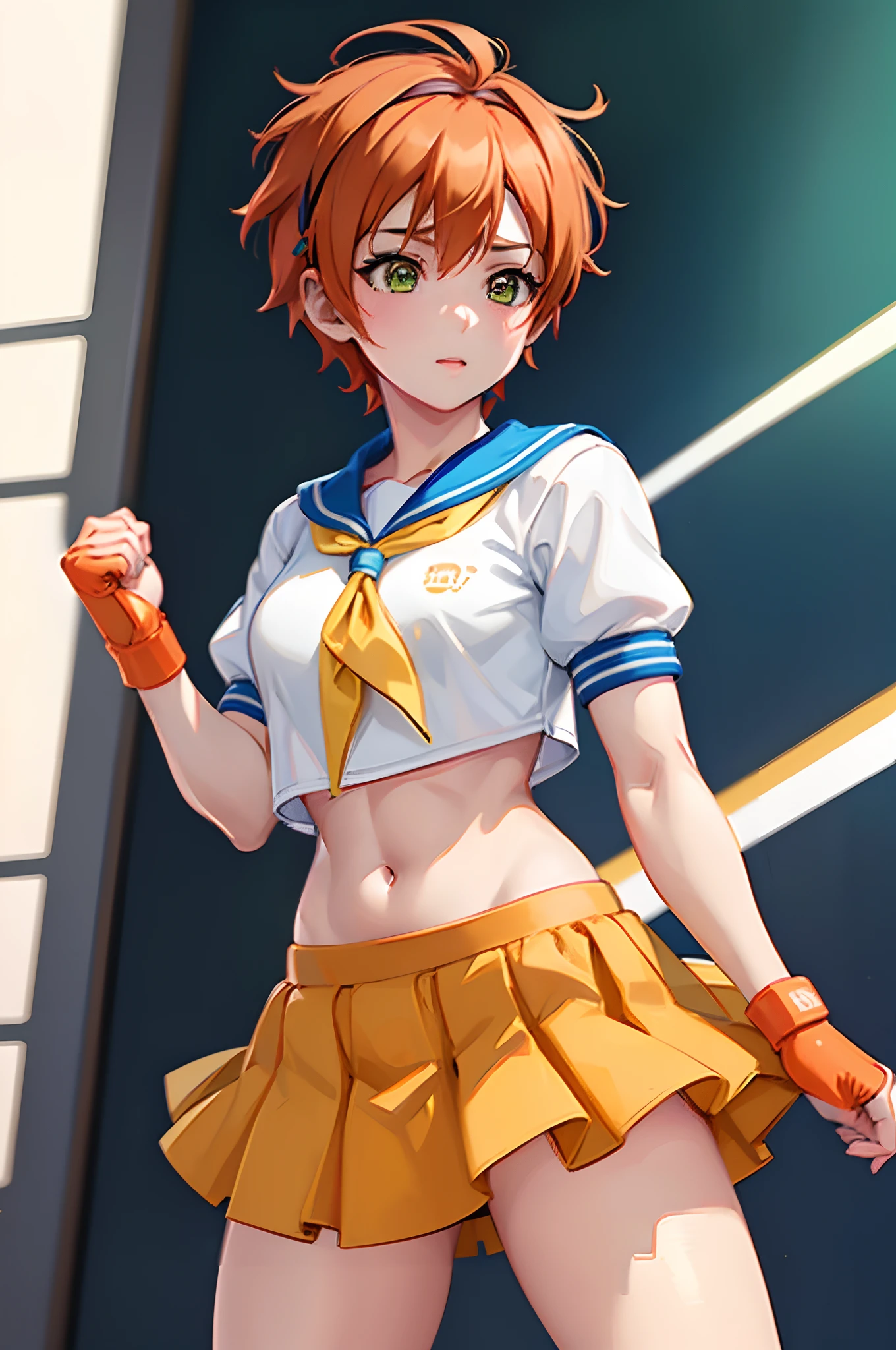 Hoshizora rin, orange hair, green eyes ,short hair, bangs, ahoge, headband, school uniform, crop top, red neckerchief, blue skirt, fingerless gloves, thighs, llchar, standing, cowboy shot,(((masterpiece+best quality+high resolution+ultra-detailed))),