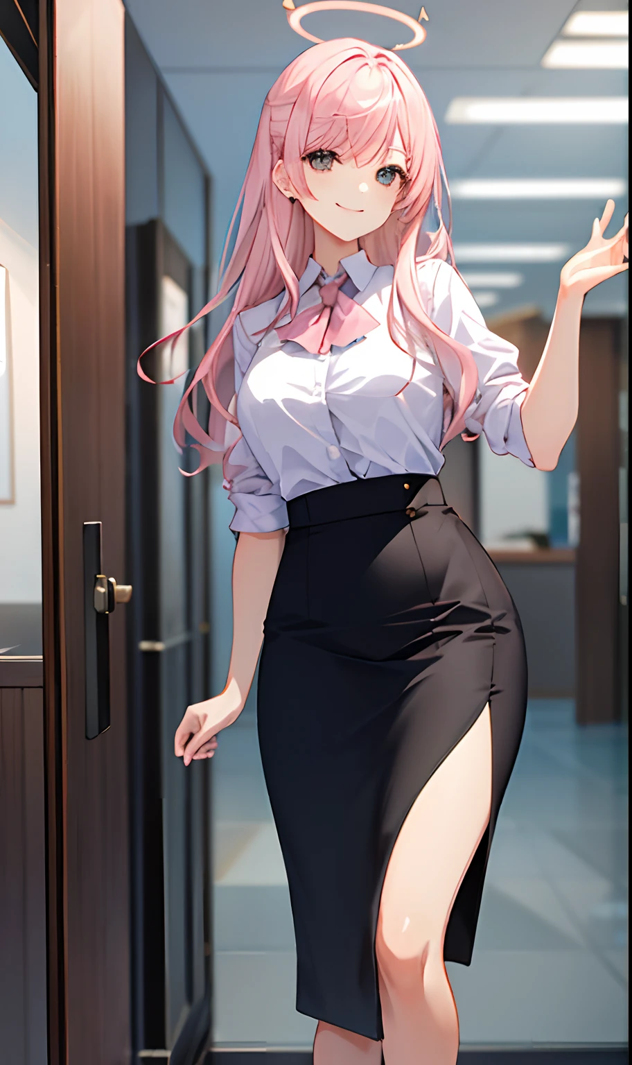 ((masterpiece, best)),(1girl),((mature woman)), light pink hair, halo, trumpet, ((office lady)), bangs, mid-chest, (full), slim, smiling, [wide hips ], office, standing, aru \(blue file\),