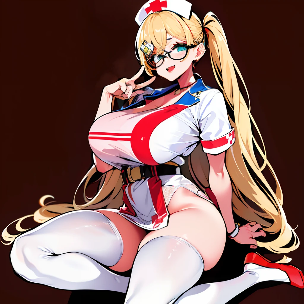 illustratio、(top-quality)、(((masterpiece)))、(Hi-Res)、Original、(1womanl)、A sexy、、Nurse Costume,garterbelts,eye glasses、「full body Esbian」、Thigh opening、Crotch