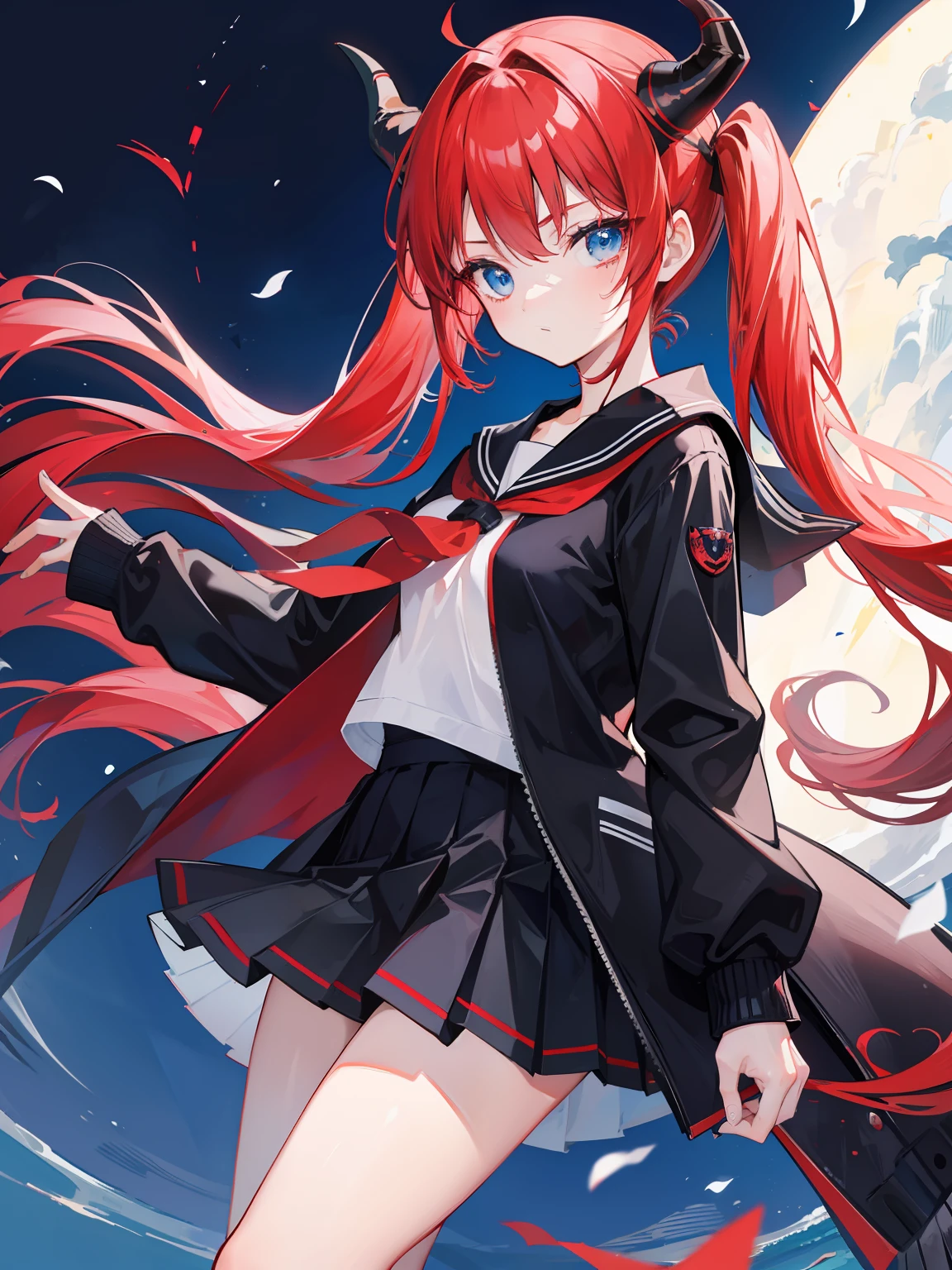 red hair, blue eyes, twintails, Sailor suit,black coat, Dragon horns,Pleated skirt,solo,,cute,bow