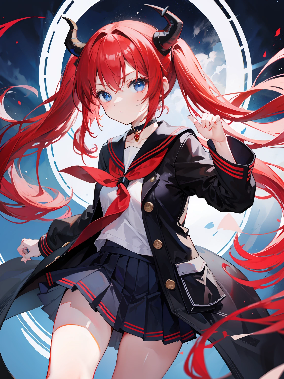 red hair, blue eyes, twintails, Sailor suit,black coat, Dragon horns,Pleated skirt,solo,loli,cute,bow