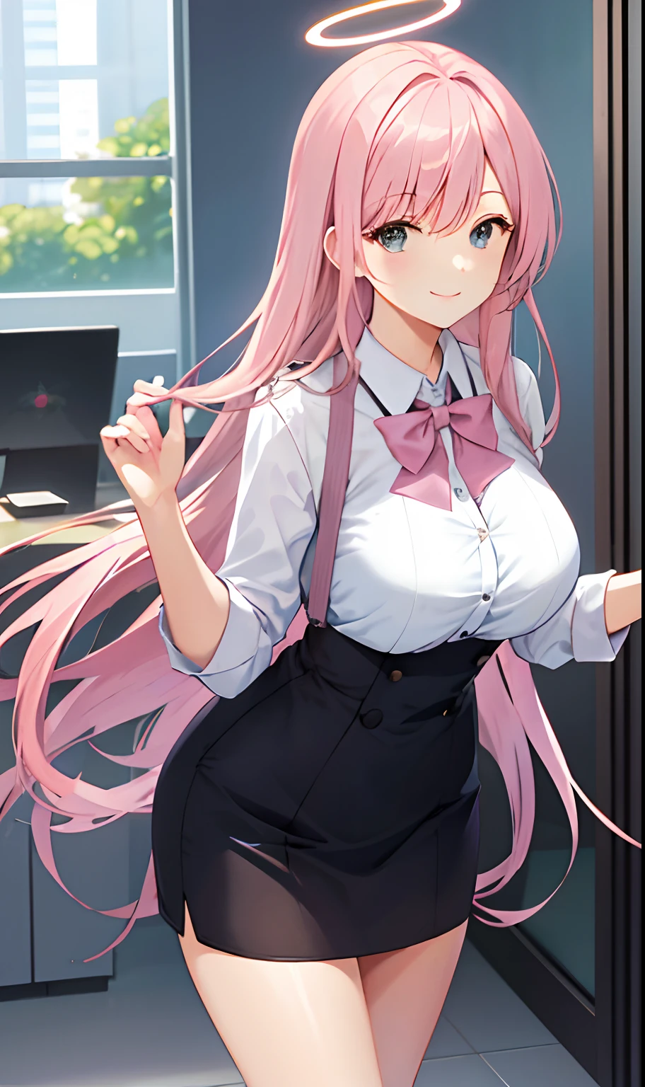 ((masterpiece, best)),(1girl),((mature woman)), light pink hair, halo, trumpet, ((office lady)), bangs, mid-chest, (full), slim, smiling, [wide hips ], office, standing, aru \(blue file\),