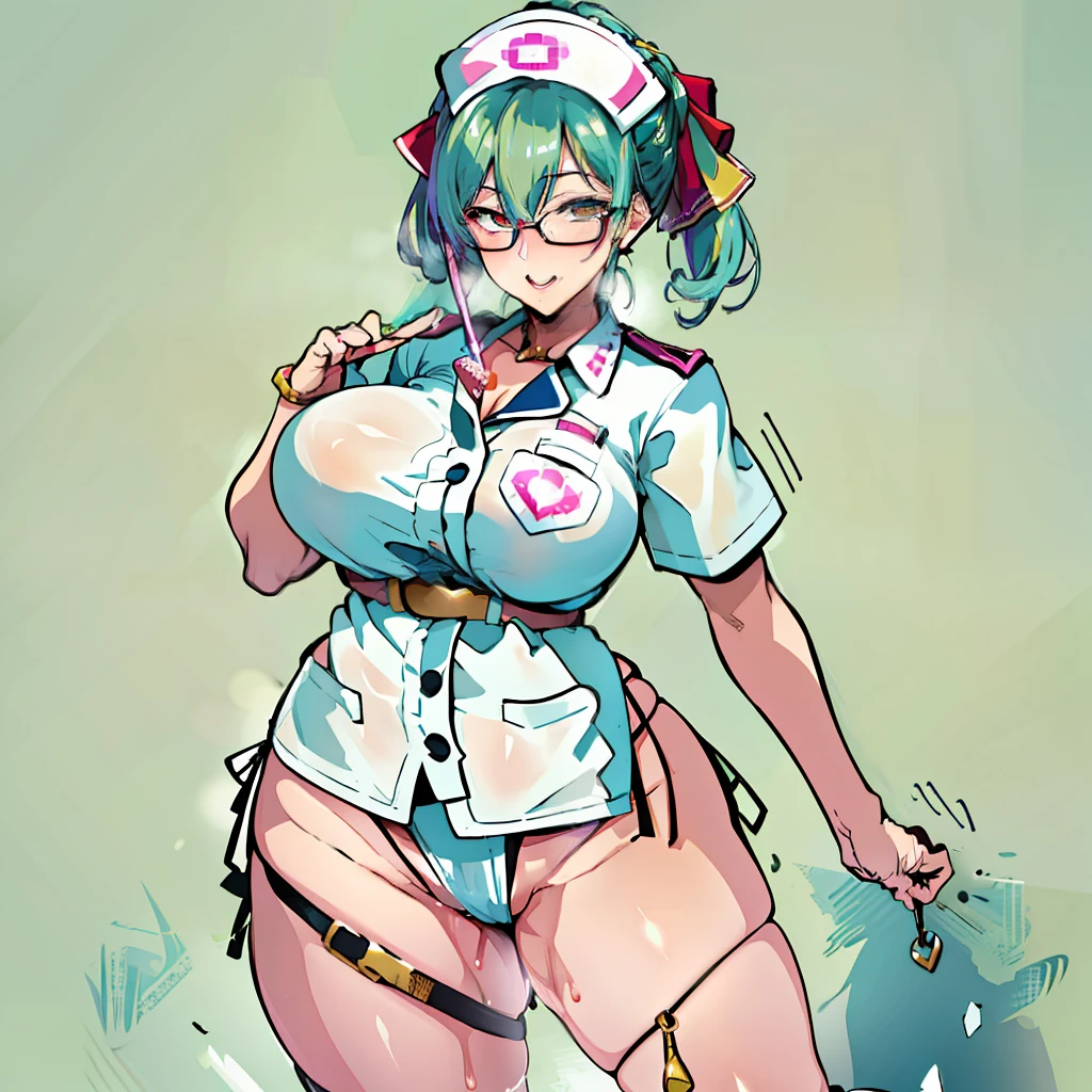 illustratio、(top-quality)、(((masterpiece)))、(Hi-Res)、Original、(1womanl)、A sexy、、Nurse Costume,garterbelts,eye glasses、「full body Esbian」、Thigh opening、Crotch