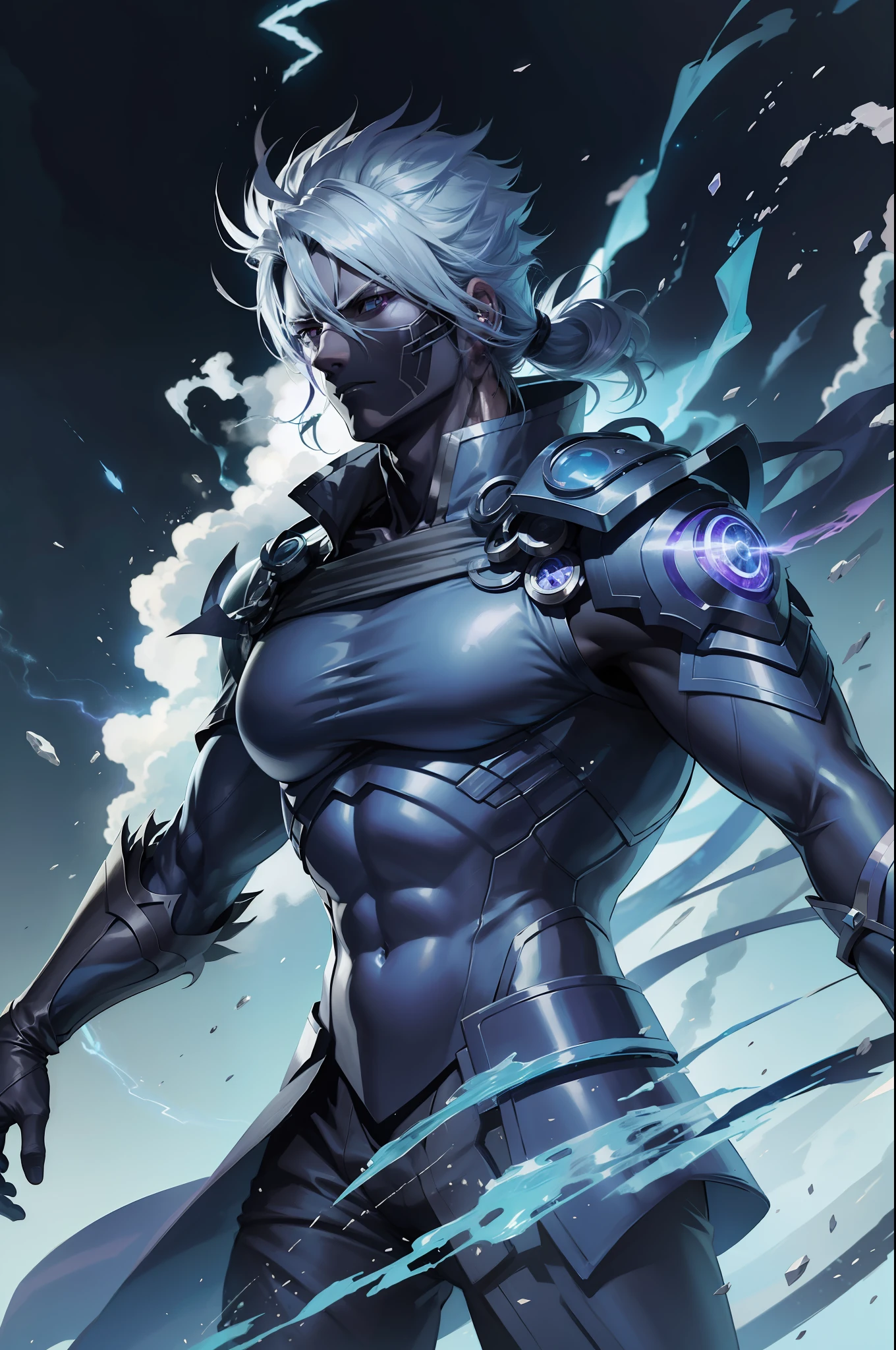 epic anime style, purple lightning, evil temperament, 20 years old male shadow assassin, black aura shine, shadow supervisor, handsome face, brilliant and majestic. Beautiful standard body and complete body structure. full body shot of a man with lightning in his hand, an epic anime about a purple energy man, in a fighting stance with long black ponytail blowing in the wind and glowing eyes look at the viewer. Cool Gapmoe Yandere, menacing look, gintama's Hijikata Toushirou, inspired by Masanobu Okumura, the originator of the anime art style, Nobutaka Ike, the night war rages behind him. Highest image quality 8K, details everything 8K.