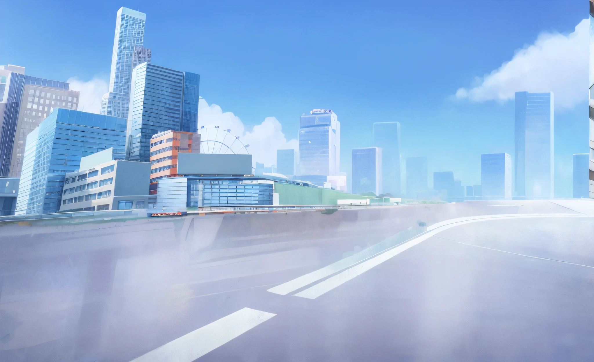 There is a picture of the city，There are many high-rise buildings, anime style cityscape, hd anime cityscape, city street view background, urban backdrop, Street background, urban backdrop, Anime landscape concept art, Anime background art, he Ferris wheel, Modern city background, anime scene, colorful anime movie background, City in the background,