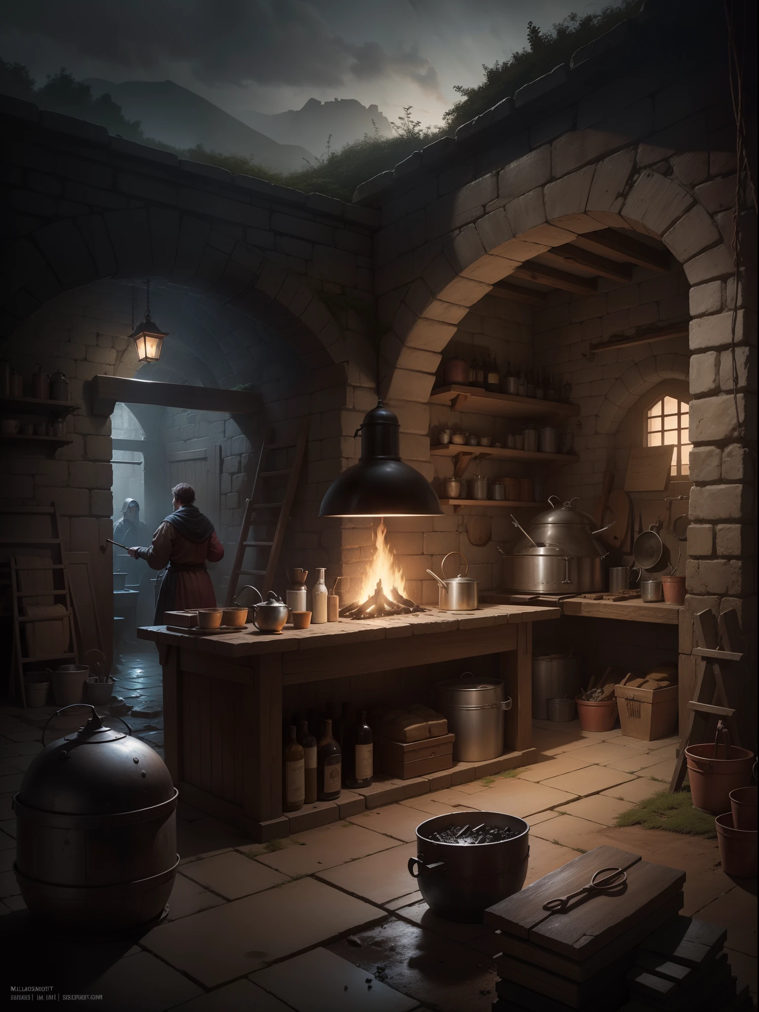 Medieval workshop，muddy ground，Blacksmith in smelting，dark themes，Dark tones，Far perspective