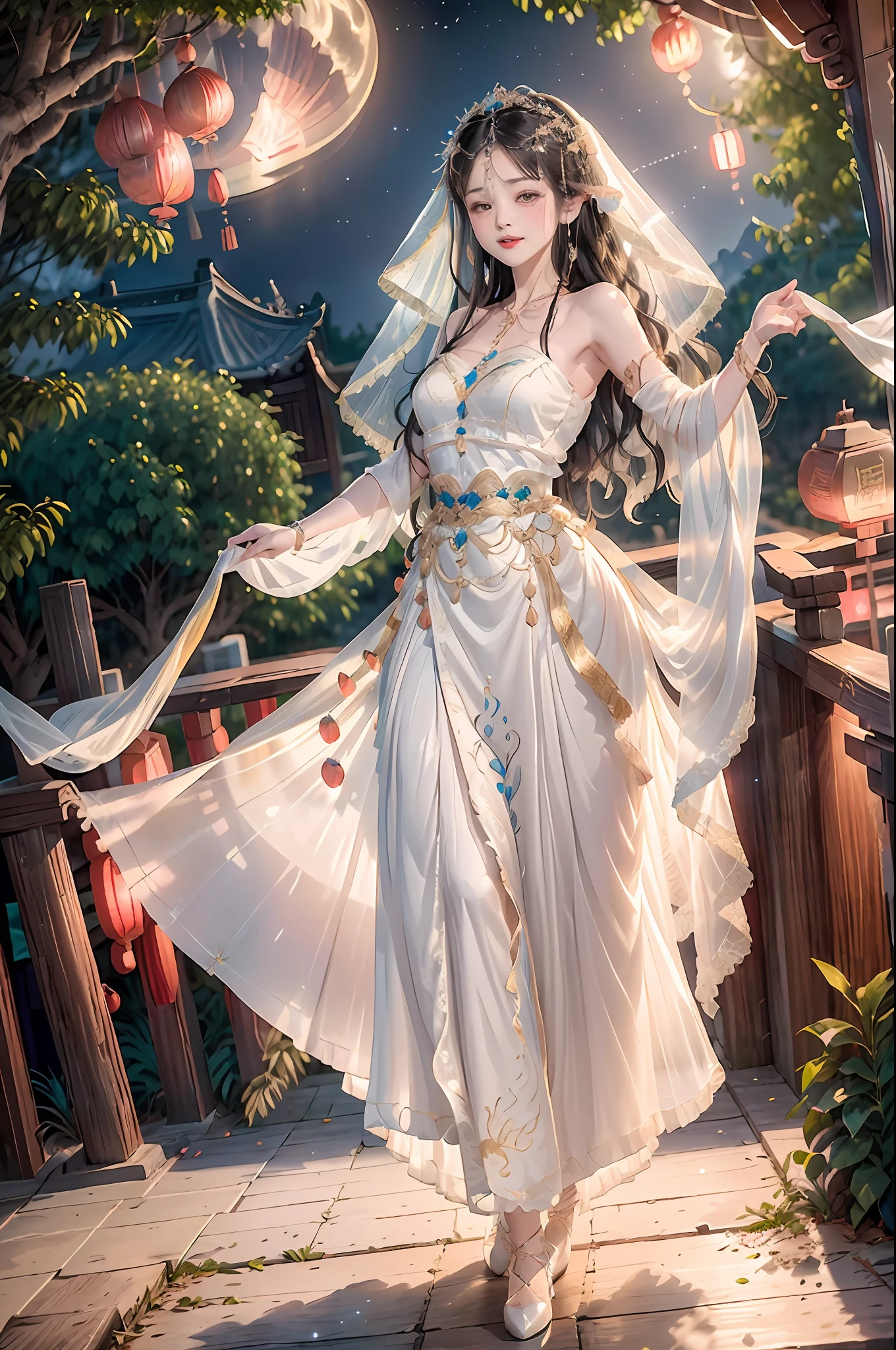 A fairy dances in the moonlight，Enchanted smile，Sweet，Delicate face，(((Full of fairy+Fairy-like):1.2)(White Chinese long dress:1.2))(night sky background,full moon,Moonlight shines),(hyper HD, 4K, Best quality at best, super detailing:1.2, Award-Awarded, high qulity, Best quality at best, high detal)"