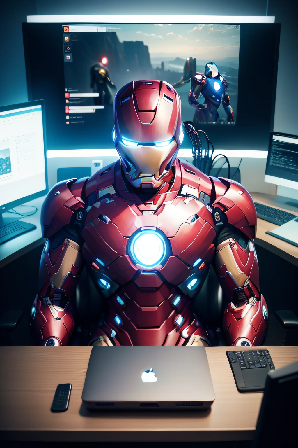 The ultra-modern tech Iron Man sits in front of futuristic computers with upper body and desk with computers
