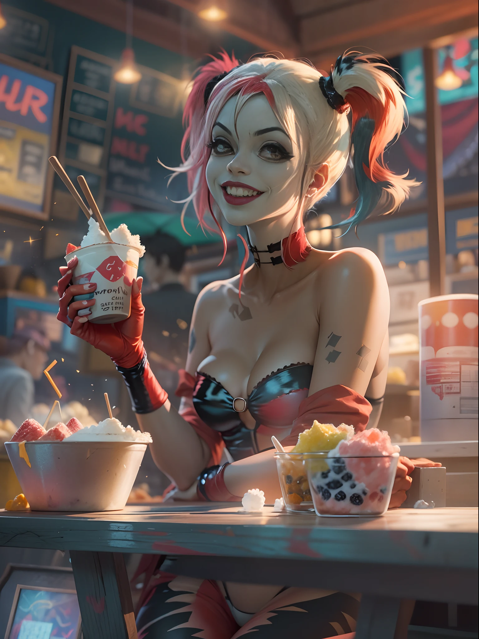 (masutepiece, Best Quality:1.2), Harley Quinn (God of Justice League々and monsters), Unlimited stuff, 1girl in, Smile, Sitting, Looking at Viewer, eating shaved ice, at food stand, Night