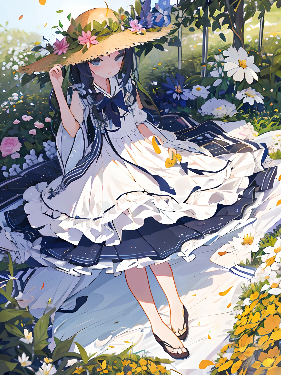Flower garden l、flower petals、the wind、a straw fedora hat、Twin-tailed