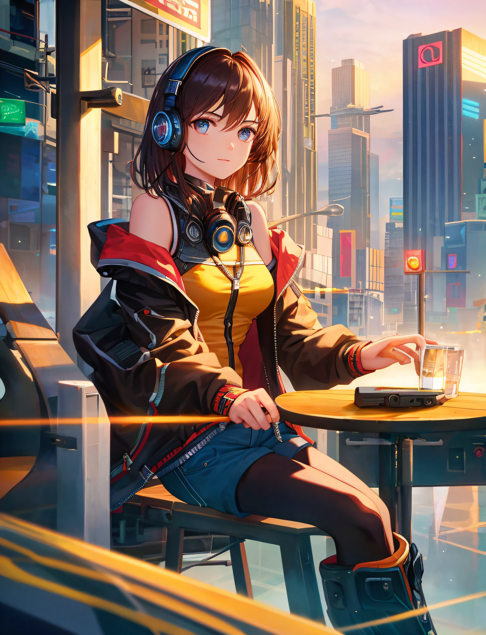 Masterpiece,best qualtiy,Ultra-detailed,Cinematic lighting,llustration,Masterpiece, Best quality,1girll,Medium breasts,Medium hair, Solo, Adult,cheerfulness,raised eyebrow,Smug,(Cowboy shot:1.2),Sitting,kneeboots,black black jacket, Open jacket,(Earphone), Shorts,City,Cyberpunk, Wind,Realistic and detailed clothes, Fine fabric emphasis, Bare shoulders, Photorealistic,