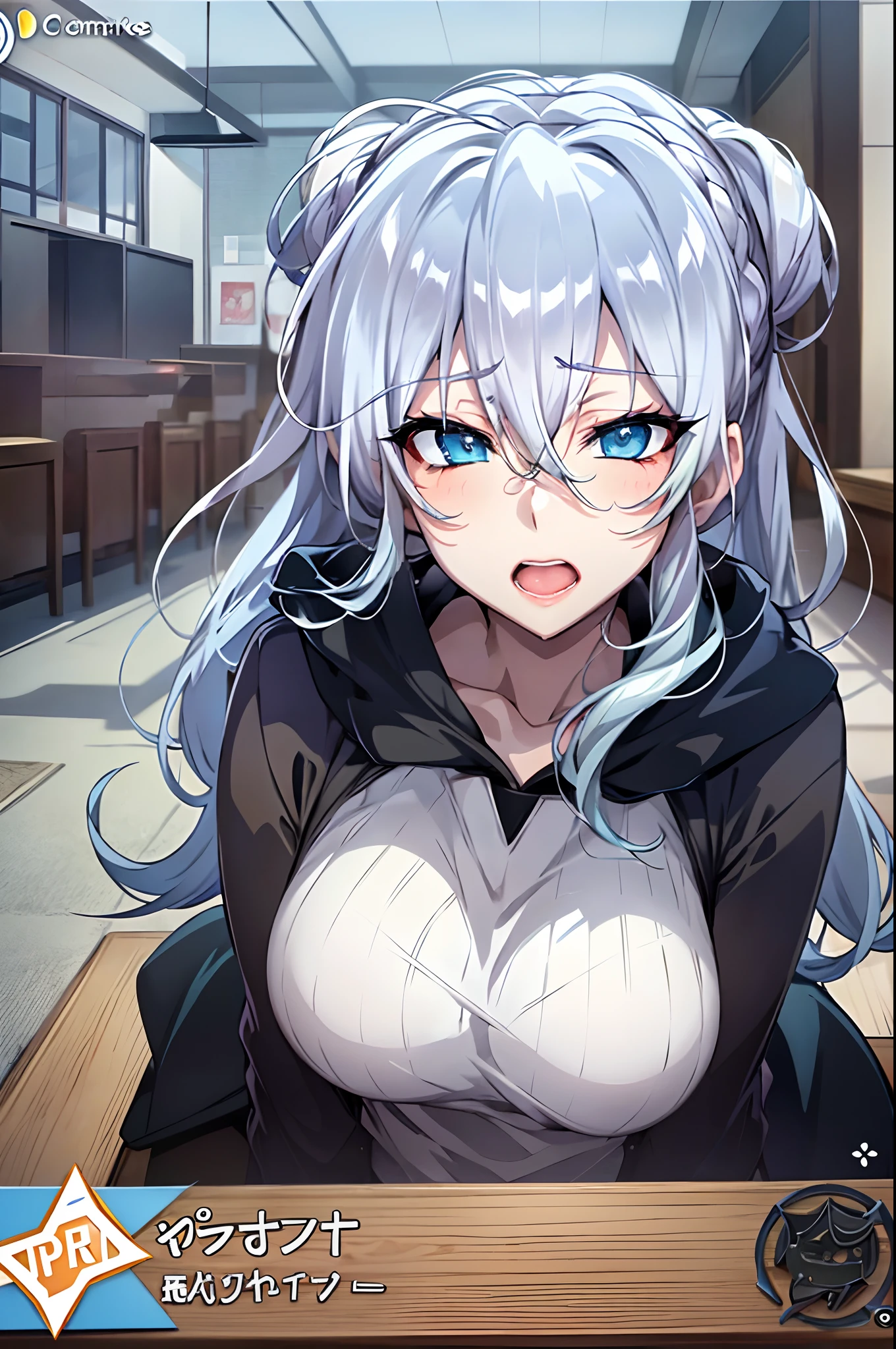 Silver hair and  blue eyes in a black hoodie, anime visual of a cute girl, screenshot from the anime film, & her expression is solemn, ahegao face, in the anime film, in an anime, anime visual of a young woman, she has a cute expressive face, still from anime