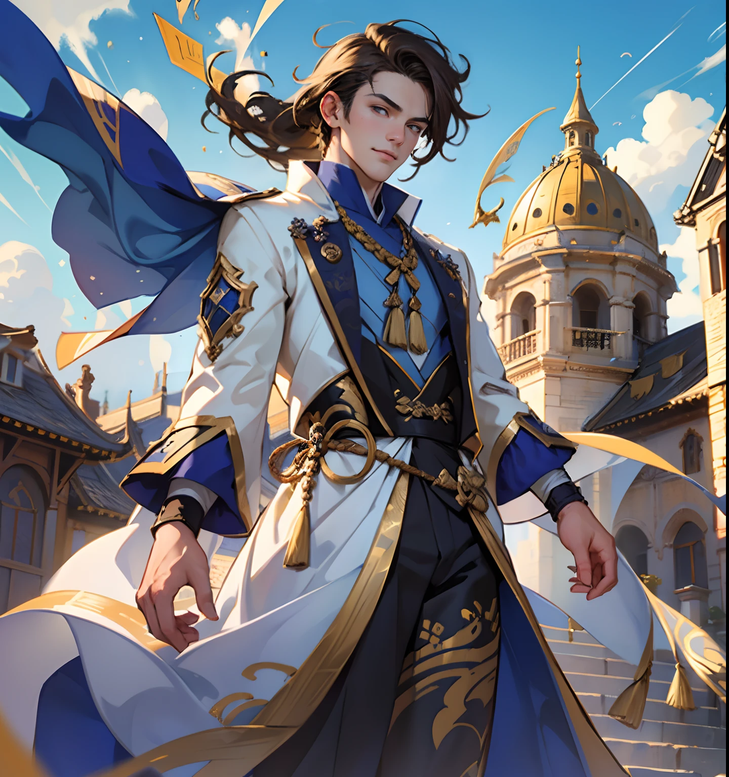 (Highest image quality, Extremely delicate)Cultivate the style of the world，Handsome brunette boy depicted in detail，Dressed in a Tang costume，The background is the blue sky and the light of the sun，Ancient buildings are dotted，Full panoramic presentation，The picture quality reaches 8K level。com rosto detalhado，The movements are natural and fluid