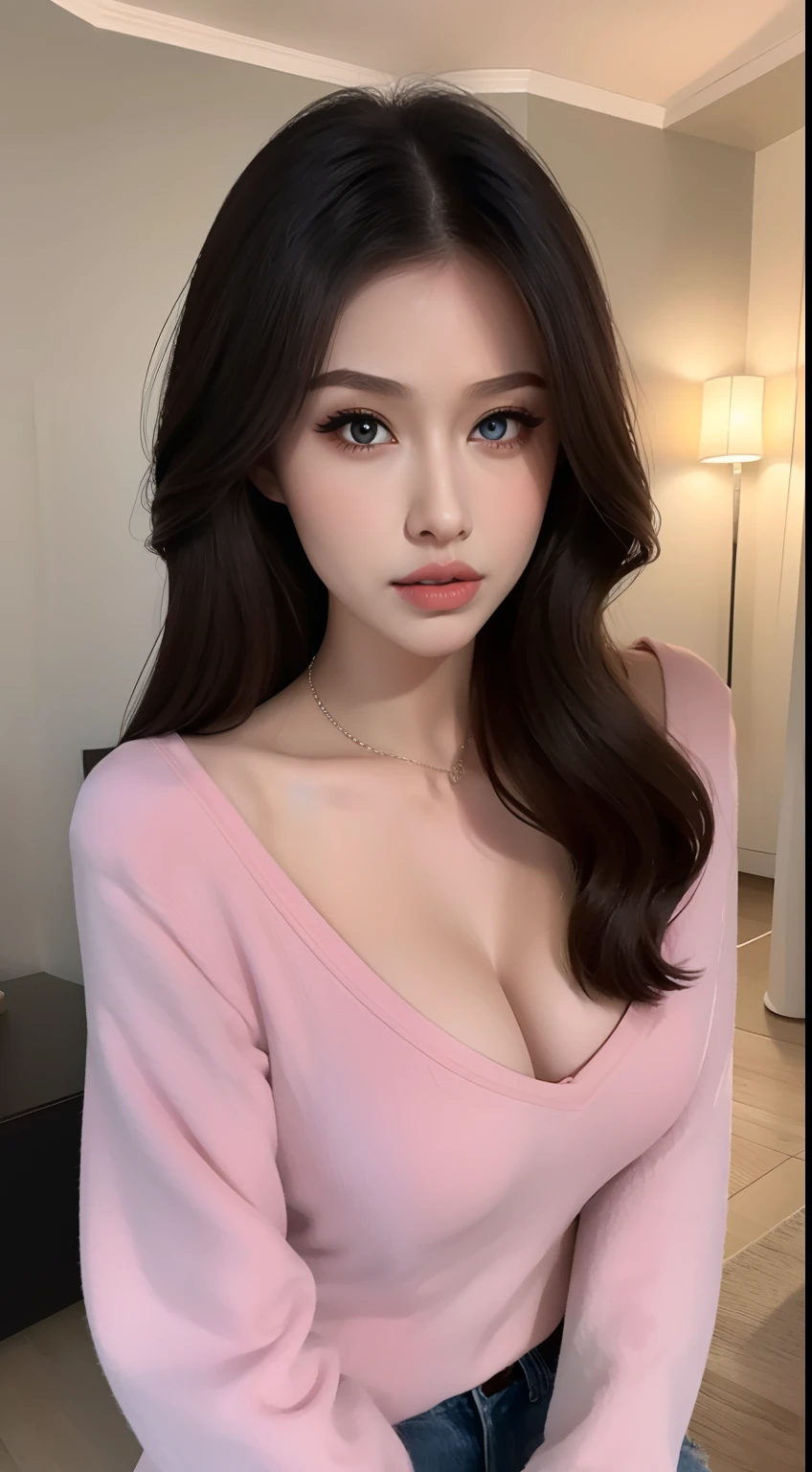 Fashion model 20 years old [[[[closeup cleavage]]]], [[[[boobgasm]]]], [[[[coll]]]], [[[[bshoulders]]]], perfect  eyes, Perfect iris，Perfect lips，perfect teeth，Perfect skin，with fair skin，Long face，slender nose，Soft front light，hdr，Movie girl，Casual，long whitr hair，inside in room，during night，（pastel colour：1.2）