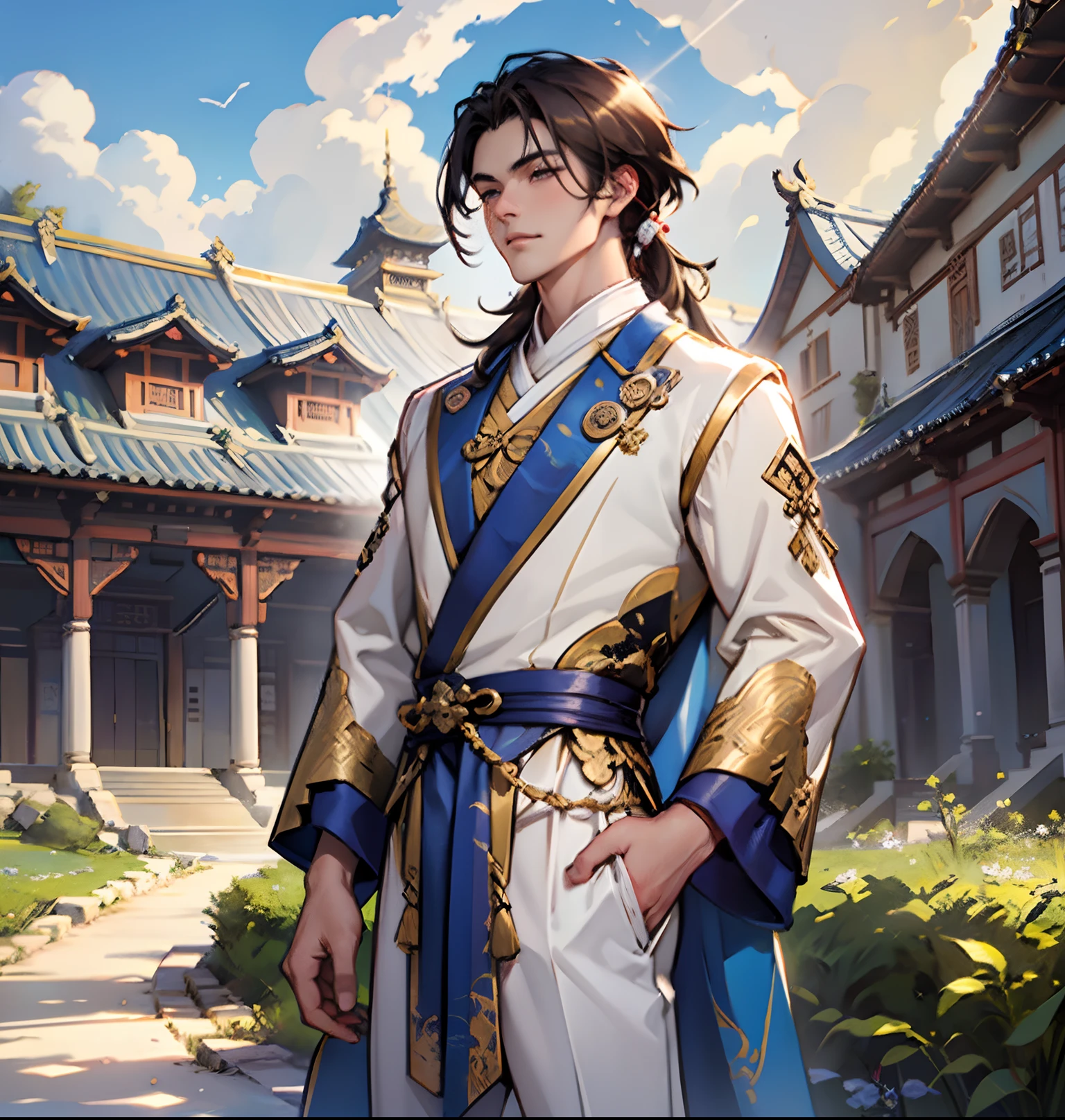 (Highest image quality, Extremely delicate)Xiuxian world style,A handsome brunette boy depicted in detail,Dressed in a Tang costume,The background is the blue sky and the rays of the sun,Ancient buildings are dotted with,Full panoramic presentation,The picture quality reaches 8K level。