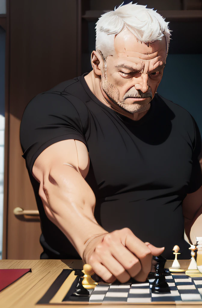 Middle-aged man with short hair playing chess，Wears black short sleeves，The hand is reaching forward to drop a chess piece，frontage