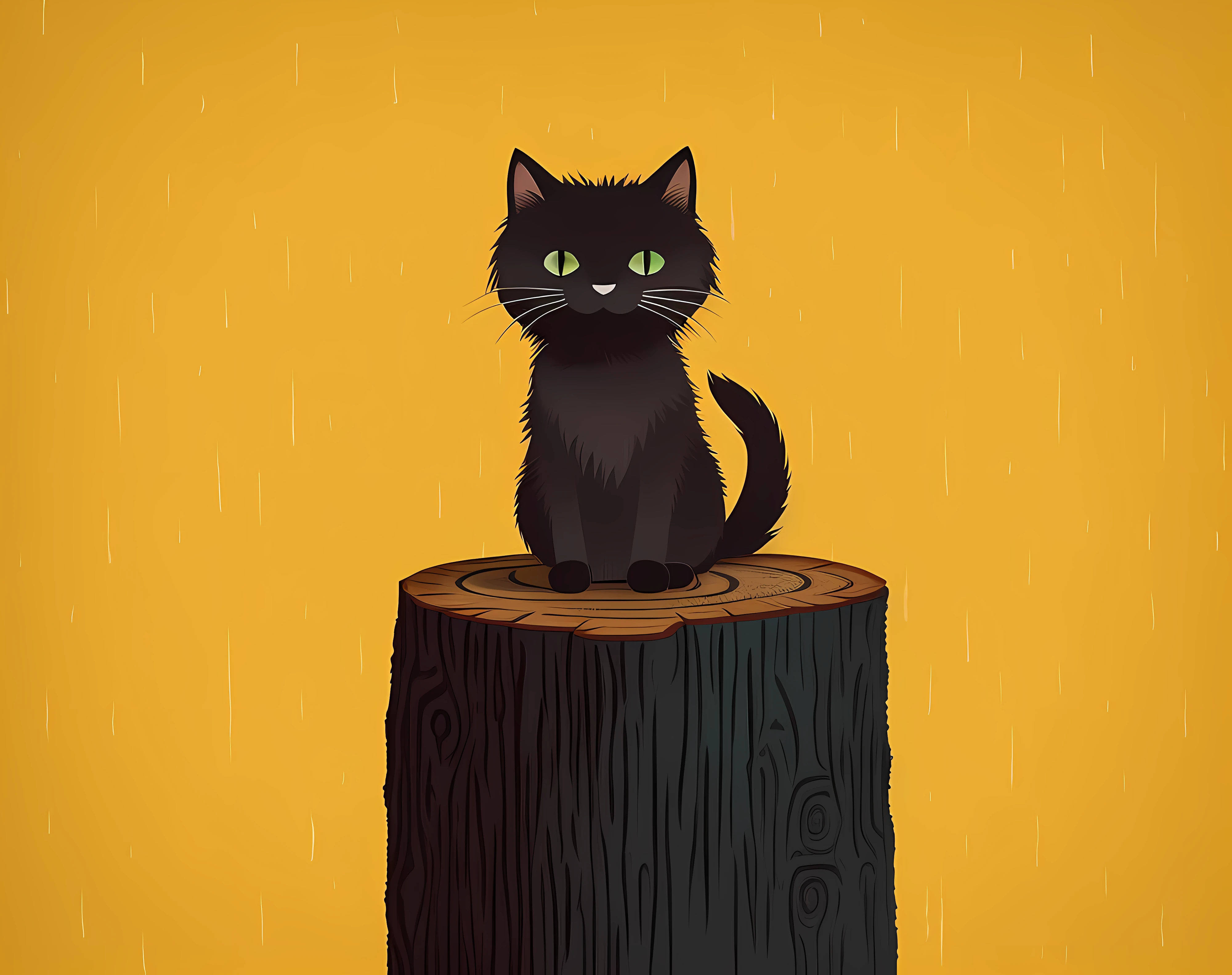 There is a black cat sitting on a tree stump in the rain, cat. Digital painting, Cute detailed digital art, Realistic illustration, sad cat, warrior cats fan art, cartoon digital painting, lovely digital painting, adorable digital art, cute illustration, 数字插图 -, cat in the forest, detailed digital illustration, drawn with photoshop, matte digital illustration