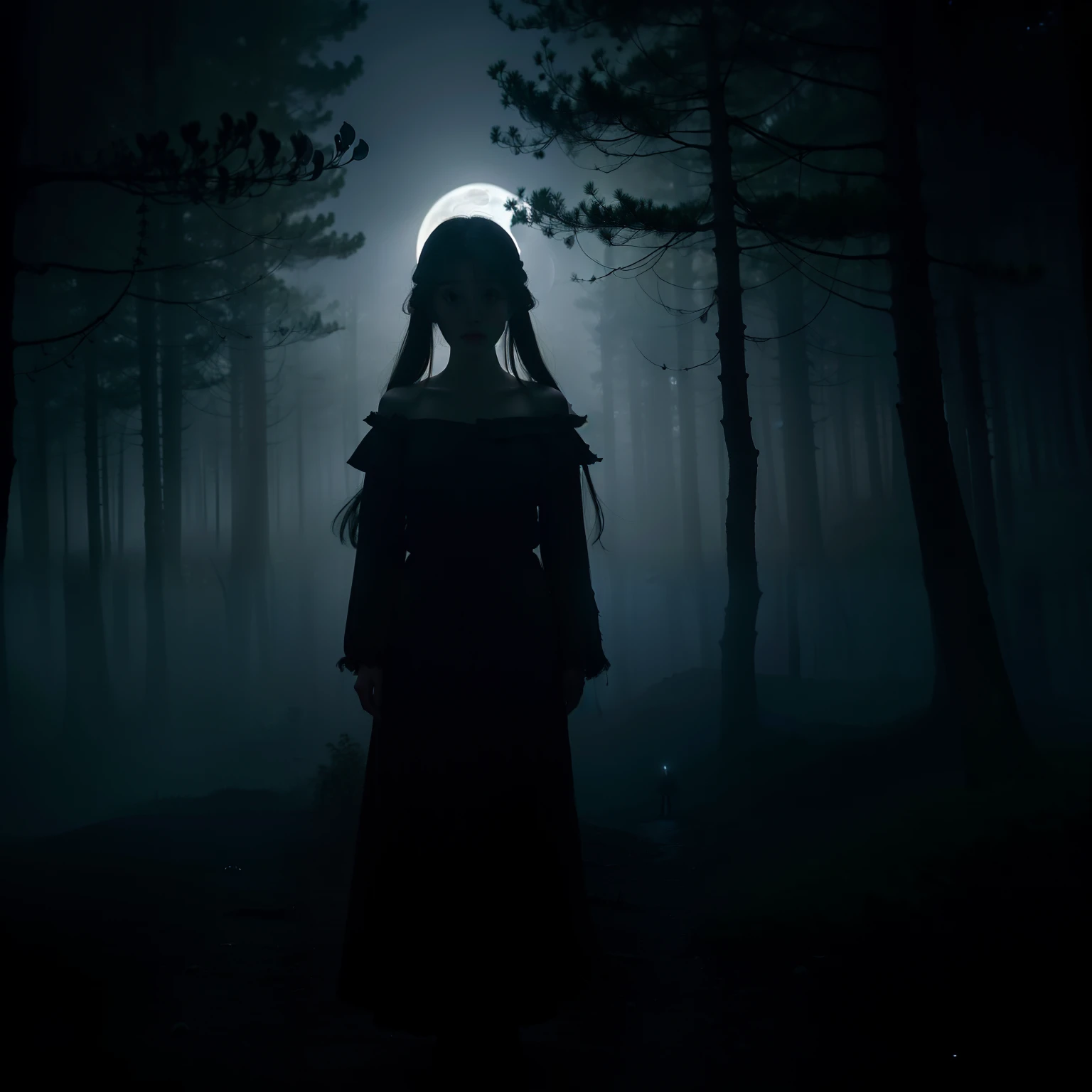 a beauty girl、full bodyesbian、ghosts、Grave、moonlight、
horor、roto、Distorted、Skysky、foggy、fumo、dark  forest、shadowy creatures、
​masterpiece、超A high resolution、hightquality、lighting like a movie、