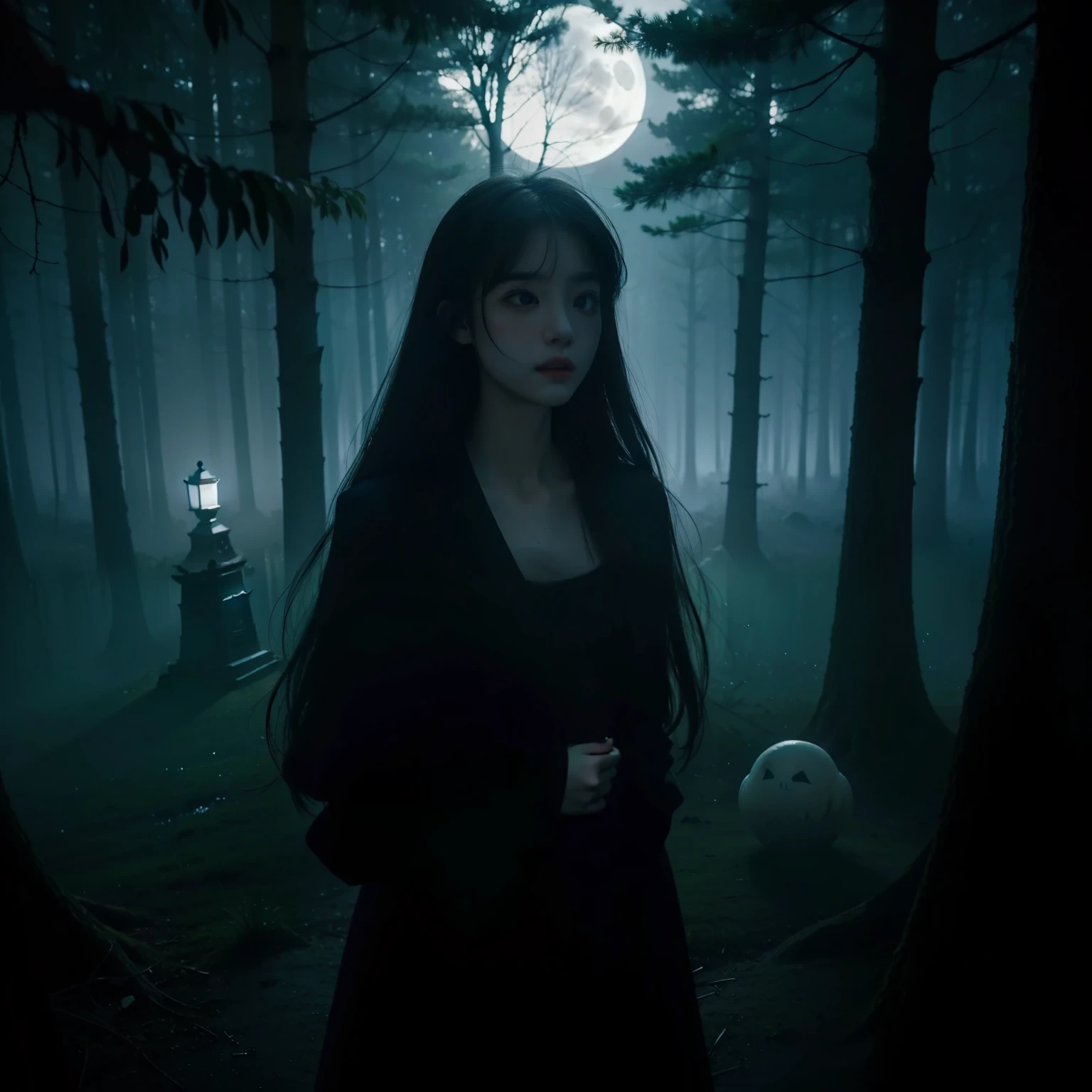 a beauty girl、full bodyesbian、ghosts、Grave、moonlight、
horor、roto、Distorted、Skysky、foggy、fumo、dark  forest、shadowy creatures、
​masterpiece、超A high resolution、hightquality、lighting like a movie、