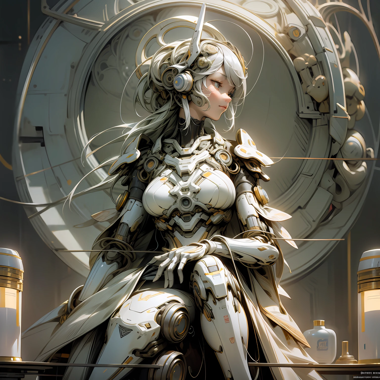 1. droid,organic,Orange triangle glowing eyes,Network helmets,long whitr hair,white plastic,fanciful,iintricate,ellegance,Detailed realistic,Smooth and sharp focus,John Collier and Albert O'Britt、Art by Krenz Kusart and Artem Demulla,electrical wires,pipe,dark chamber,Dim light, --auto