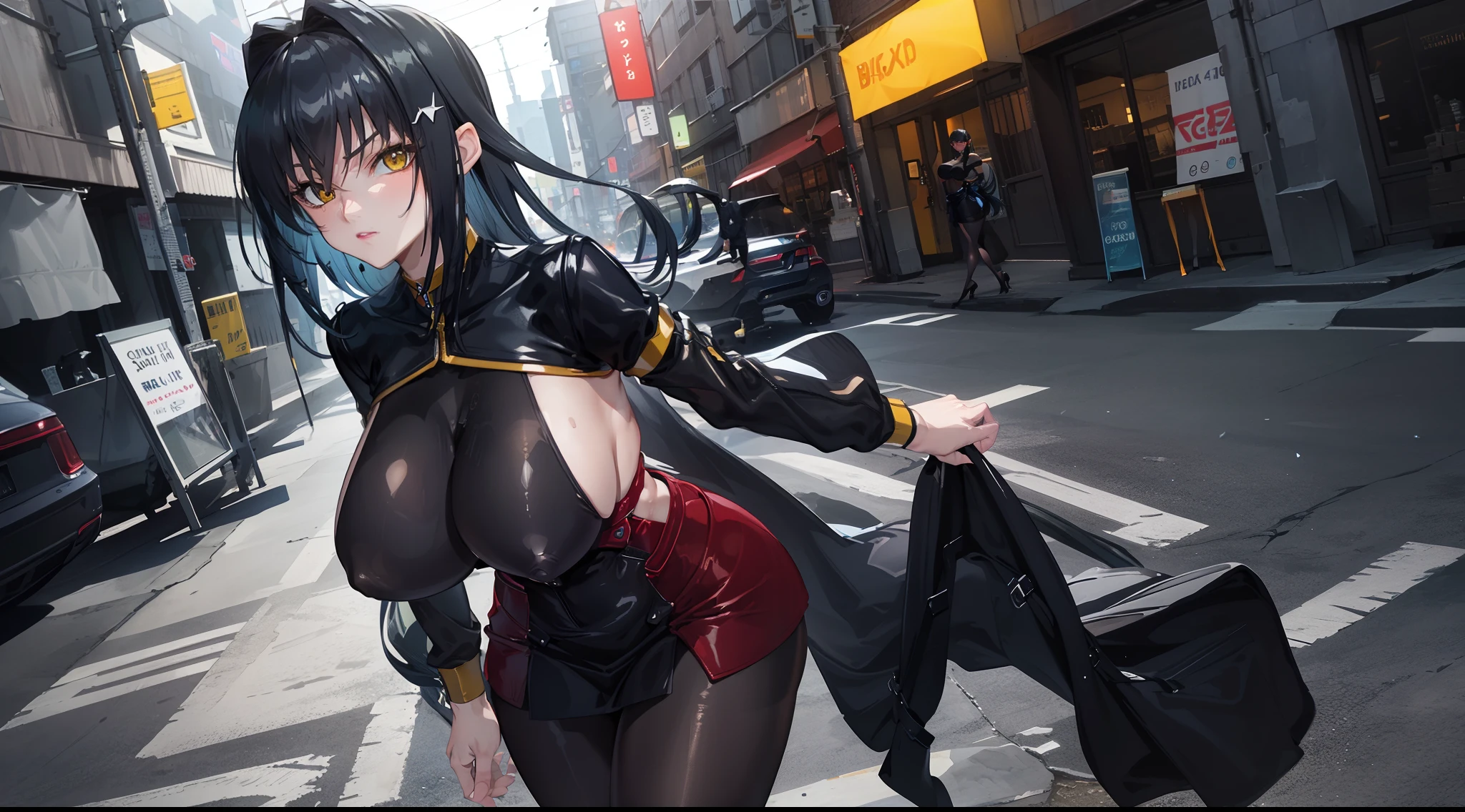 professional artwork, Intricate Details, field of view, sharp focus, detailed painting, photorealistic lighting, trending on pixiv, Standing at attention, black outfit ,yellow collared shirt,black and red bodysuit,skin_tight,black legwear, black pantyhose, Side_boob, black hair,very long hair, Bangs,yellow eyes,makeup, lipstick, 20yo,mature female,Beautiful Finger,Beautiful long legs,Beautiful body,Beautiful Nose,Beautiful character design, perfect eyes, perfect face, looking at viewer,official art,extremely detailed CG unreal engine 8k wallpaper, perfect lighting,Colorful, Bright_Front_face_Lighting, (masterpiece:1.0),(best_quality:1.0), ultra high res,4K,ultra-detailed, photography, 8K, HDR, highres, absurdres:1.2, Kodak portra 400, film grain, blurry background, (Beautiful,large_Breasts:1.4), (beautiful_face:1.5),(narrow_waist), (solo:1.4), ((landscape dimension)), rich detailed makeup, rich detailed eyeshadow, rich detailed lips, rich detailed lipstick, beautiful detail eyes
