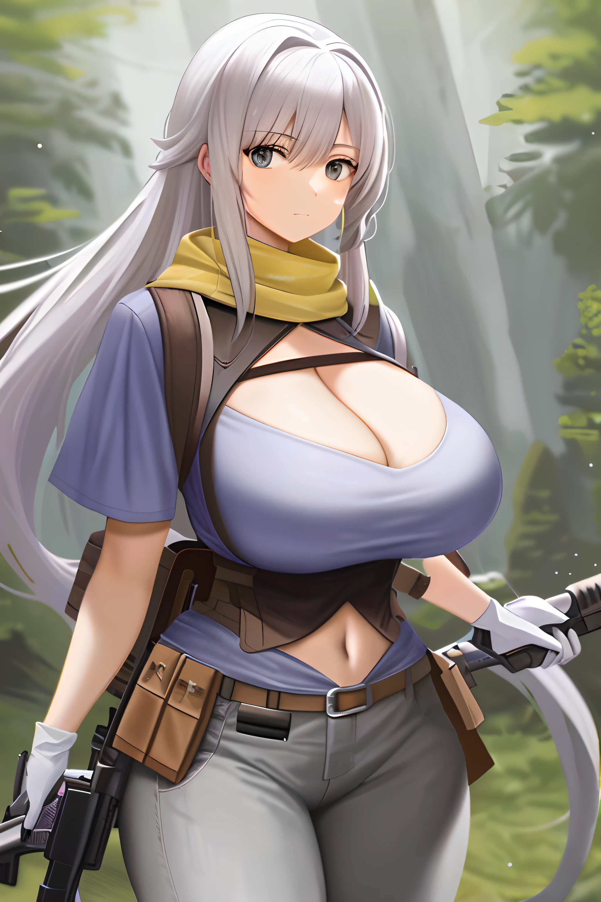 1 rapariga， a mature female， Best quality at best， （：0.2）， （gigantic cleavage breasts：1.0），Lavender color top，Yellow scarf，Light gray leggings，Dark gray boots，Western Wilderness，shotgun，Concussion shooting，Verism, Cubism, Realism