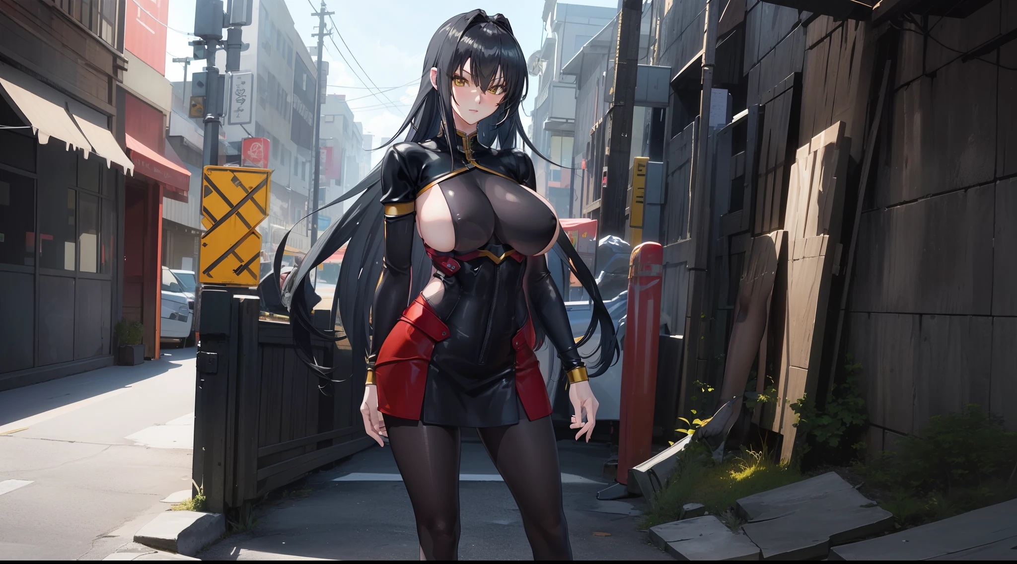 professional artwork, Intricate Details, field of view, sharp focus, detailed painting, photorealistic lighting, trending on pixiv, Standing at attention, black outfit ,yellow collared shirt,black and red bodysuit,skin_tight,black legwear, black pantyhose, Side_boob, black hair,very long hair, Bangs,yellow eyes,makeup, lipstick, 20yo,mature female,Beautiful Finger,Beautiful long legs,Beautiful body,Beautiful Nose,Beautiful character design, perfect eyes, perfect face, looking at viewer,official art,extremely detailed CG unreal engine 8k wallpaper, perfect lighting,Colorful, Bright_Front_face_Lighting, (masterpiece:1.0),(best_quality:1.0), ultra high res,4K,ultra-detailed, photography, 8K, HDR, highres, absurdres:1.2, Kodak portra 400, film grain, blurry background, (Beautiful,large_Breasts:1.4), (beautiful_face:1.5),(narrow_waist), (solo:1.4), ((landscape dimension)), rich detailed makeup, rich detailed eyeshadow, rich detailed lips, rich detailed lipstick, beautiful detail eyes