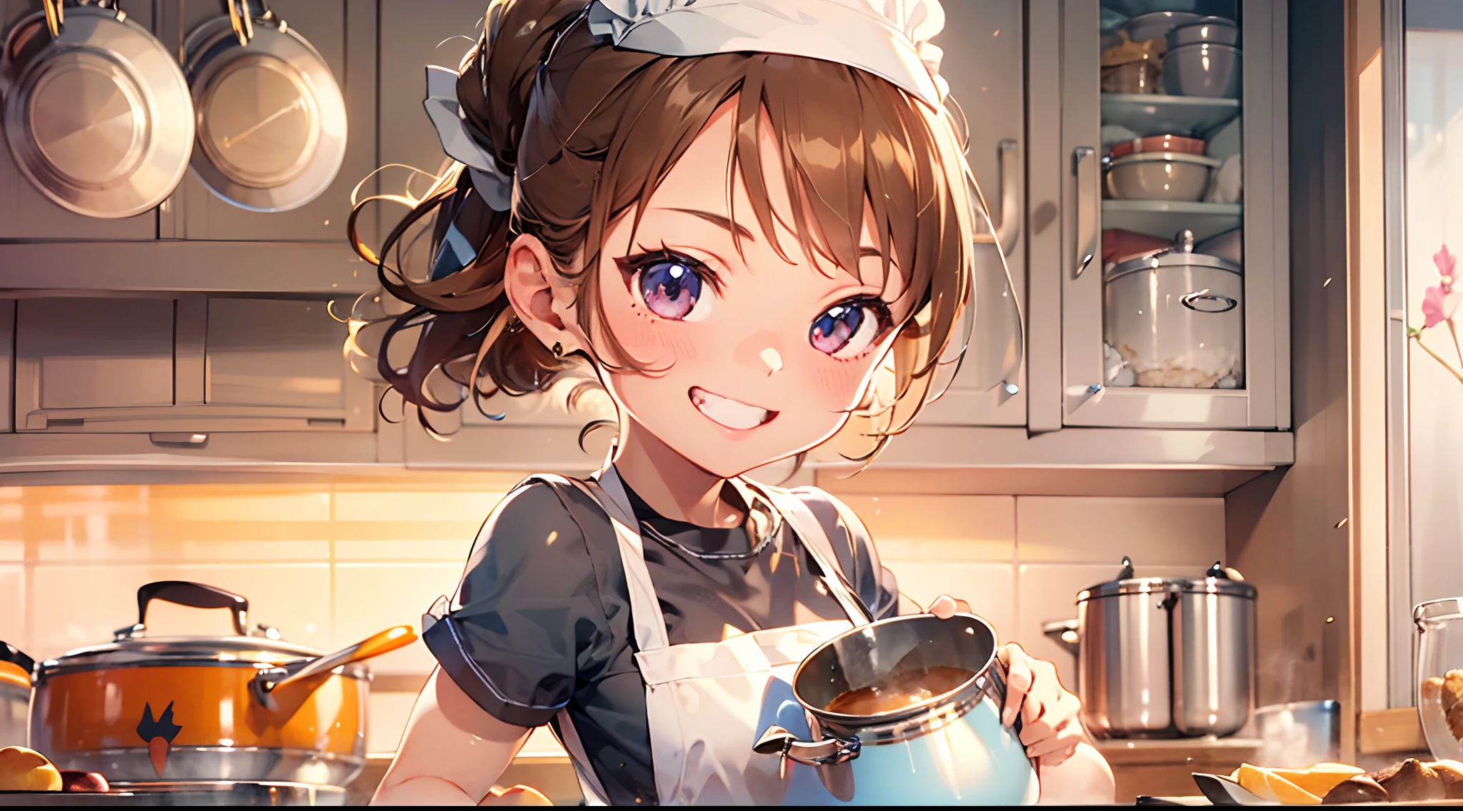 Masterpiece, top quality, super detailed CG, intricate details:1.5), 8k wallpapers, elaborate features,
perfect cartoon illustration, 1 girl, beautiful face, smiling, apron, kitchen, cooking, pot, back view, full body illustration.
