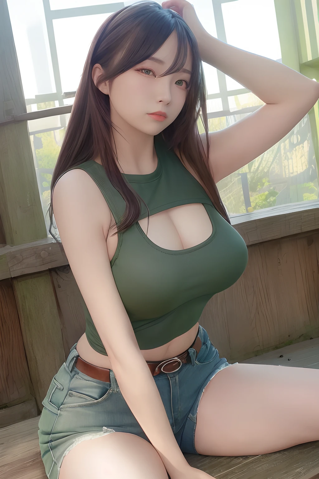 picture of a woman (wearing a tight green tank top:1.2), (wearing long jeans:1.1), big breasts, modelshoot style, (extremely detailed CG unity 8k wallpaper), photo of the most beautiful artwork in the world, professional majestic oil painting by Ed Blinkey, Atey Ghailan, Studio Ghibli, by Jeremy Mann, Greg Manchess, Antonio Moro, trending on ArtStation, trending on CGSociety, Intricate, High Detail, Sharp focus, dramatic, photorealistic painting art by midjourney and greg rutkowski, (leather belt), (in the zoo:1.1), (looking at viewer), (detailed eyes:1.2)