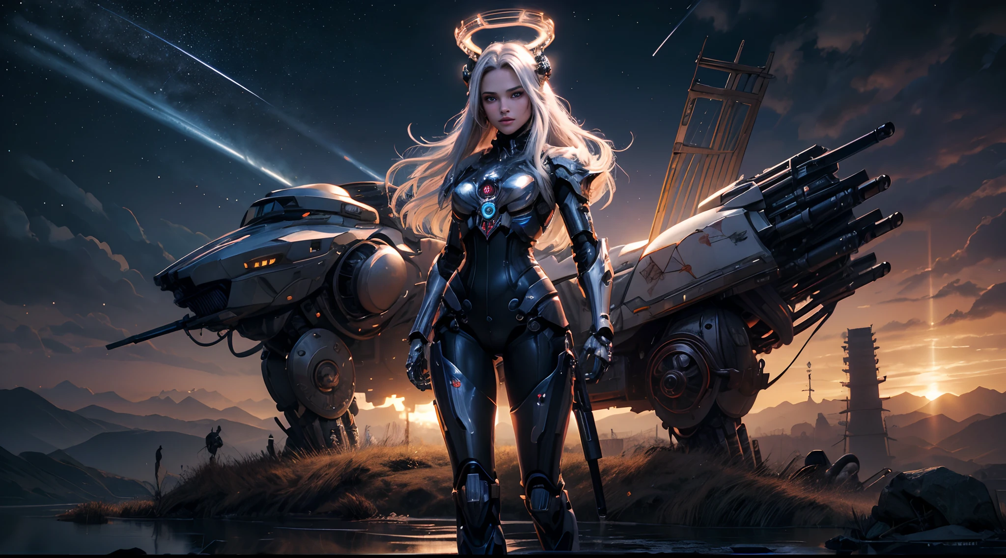 masterpiece,best quality,ultra-detailed,very detailed illustrations,extremely detailed,intricate details,highres,super complex details,extremely detailed 8k cg wallpaper,cowboy shot, caustics,reflection,ray tracing,demontheme,nebula,dark aura,cyber effect, (1girl:1.4), natalie portman as mecha musume,mechanical parts, robot joints,single mechanical arm, headgear, mechanical halo,star halo,intricate mechanical bodysuit, mecha corset, kimono, full armor, very long hair,white hair, hair between eyes, multicolored hair, colored inner hair, red eyes,glowing eye,eye trail, random expressions,random action, ancient japanese architecture,pond, starry sky,skyline,