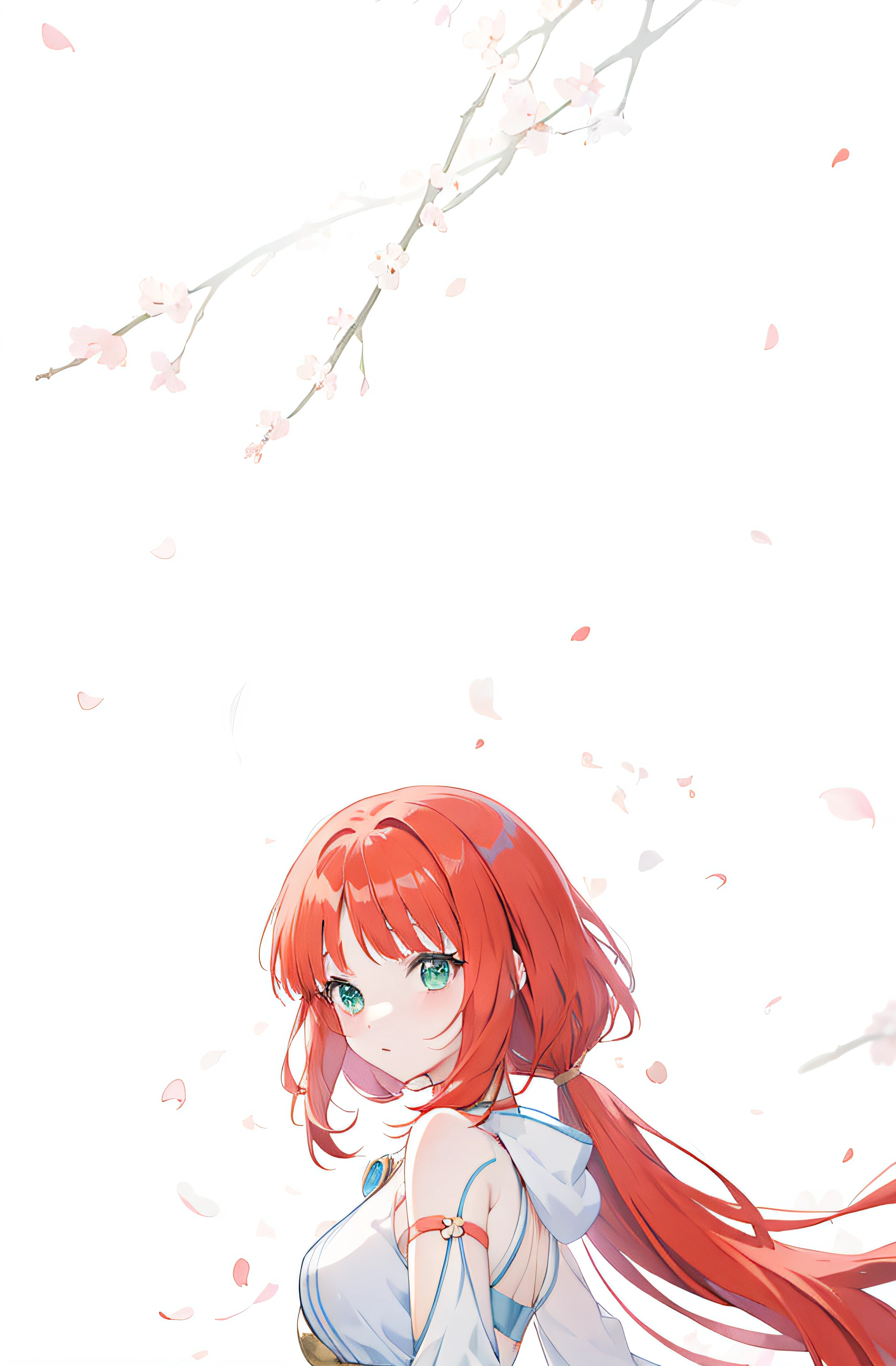 anime girl with long red hair and blue-green eyes standing, anime visual of a cute girl, 4 k manga wallpaper, made with anime painter studio, render of april, crisp clear rpg portrait, digital anime illustration, portrait of cute anime girl, anime art wallpaper 8 k, portrait anime girl, sayori, official character art, (anime girl), cherry blossom petals in background,