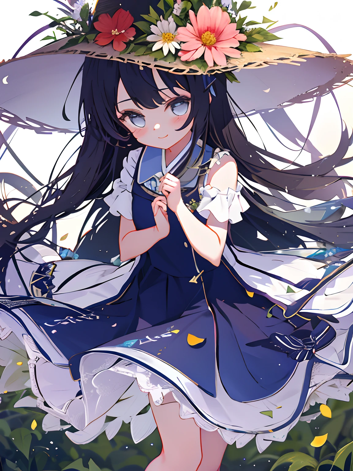 Flower garden l、flower petals、the wind、a straw fedora hat、Twin-tailed、kawaii、Cute smile