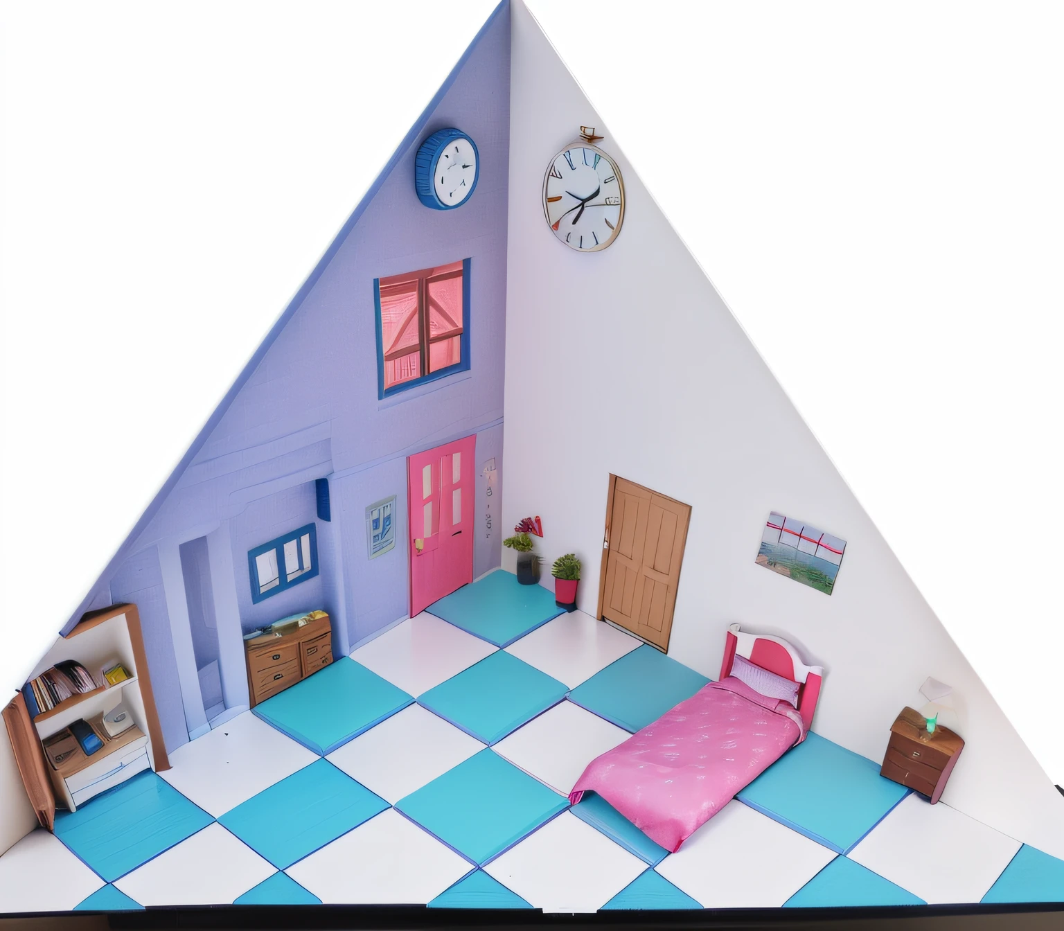 Close-up of paper model of house with clock, puzzle-like room, 3 d point perspective, 3 point perspective, paper craft low poly, three point perspective, 2 point perspective, three point perspective, 6 point perspective, one-point perspective, deep 3 point perspective, inside a child's bedroom, 5 point perspective, extreme three point perspective,The wall color changes to red
