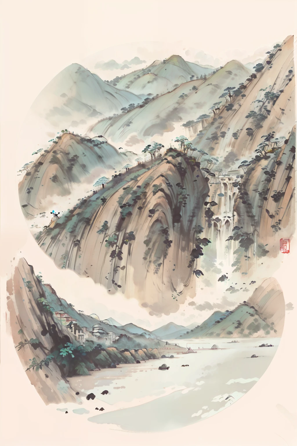 springtime,Mountains are five fingers,There are people in the tea plantation,Tea picking,teals,In the waves,There are waves,Hainan scenery。Five Finger Mountain,full page illustration,