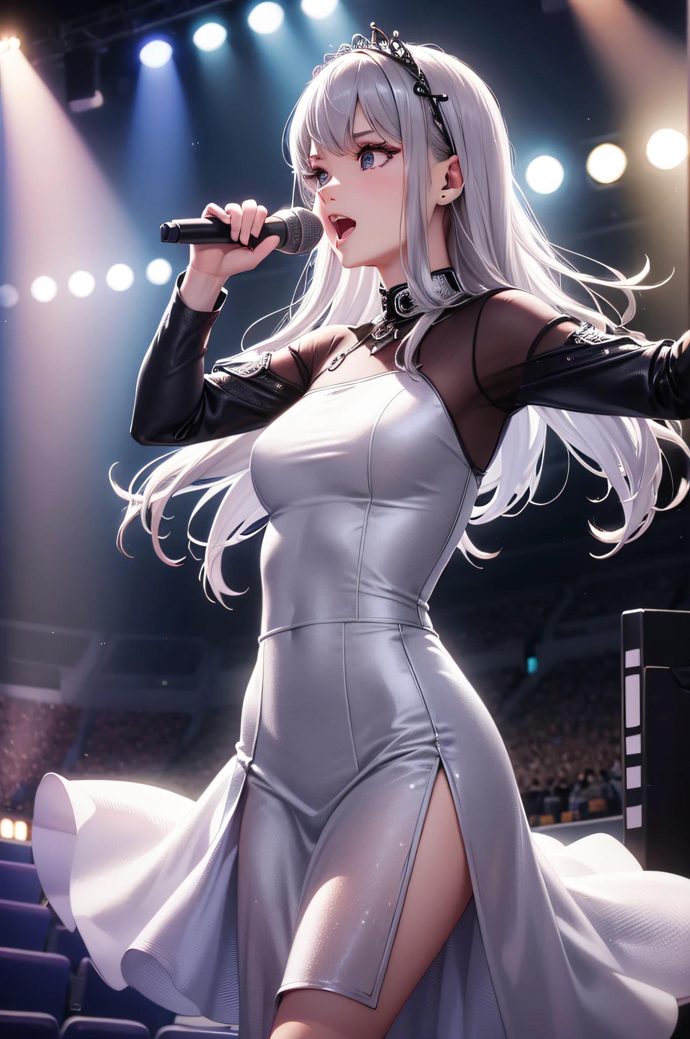 Idol singer, singing in the stadium, many lights, best quality, realistic 1.2, 1 girl, 1 music band, gray hair, detailed upper of body,