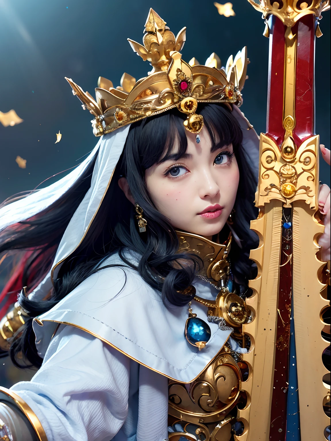 (masutepiece), Professional , ​masterpiece、top-quality、photos realistic , depth of fields （Gemstone Silver Metal Body:1.９),(Matte Blue、Jewel Gold Weapon（Jewel Metal Body:1.４),Gorgeous metal weapons , Detailed Sword of the Brave , Beautiful knife   ,warhammer 40k , adepta sororitas,Detail and ornate jewel crown、Black hair、Gangle's forest background、Beautiful Caucasian beauty、１a person、dynamic ungle,(((Detailed and ornate diamond crown)))、a small face、A smile、Take a sexy pose、Background inside the castle、Thin and beautiful female hands、