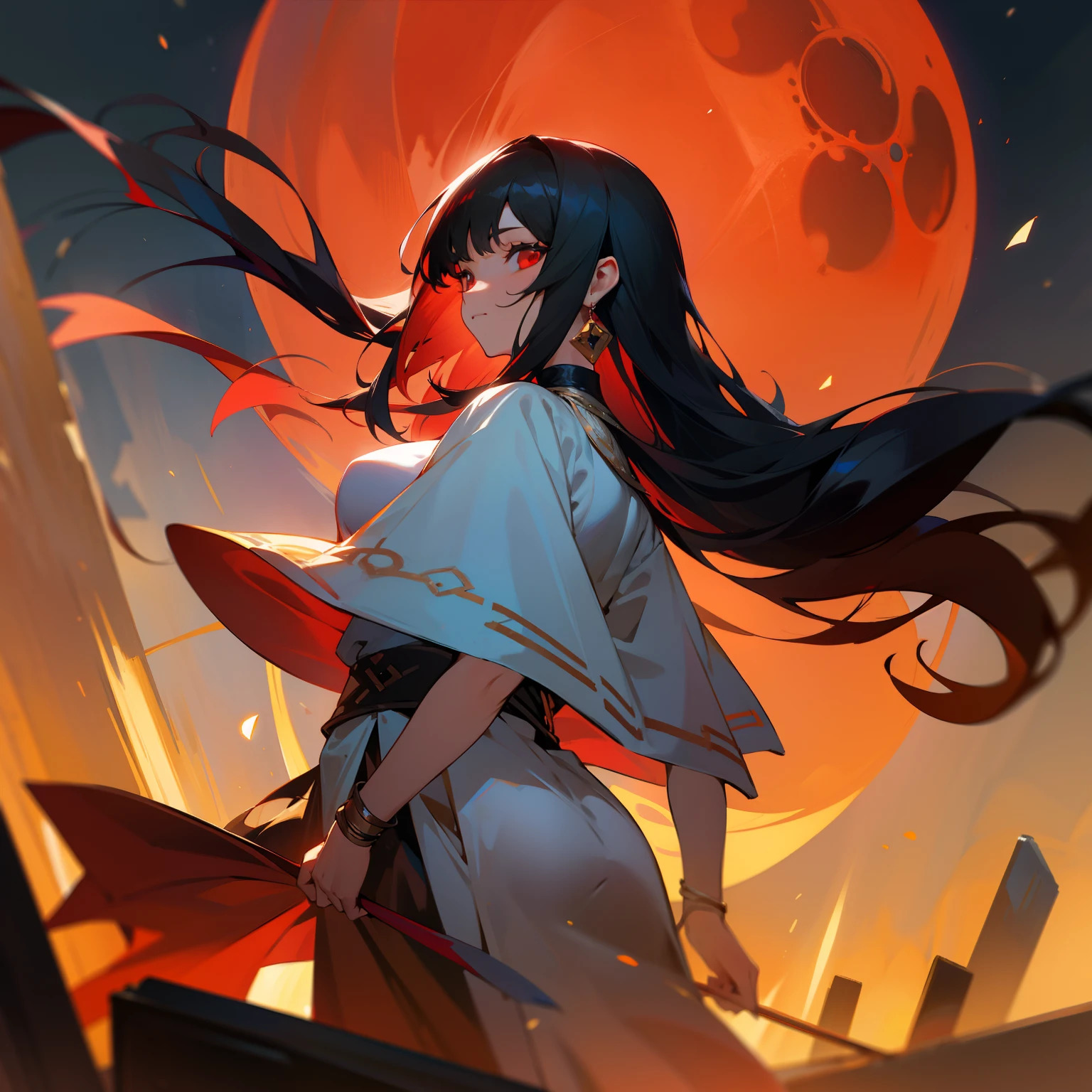 brunette color hair，Red eyes，Long black hair