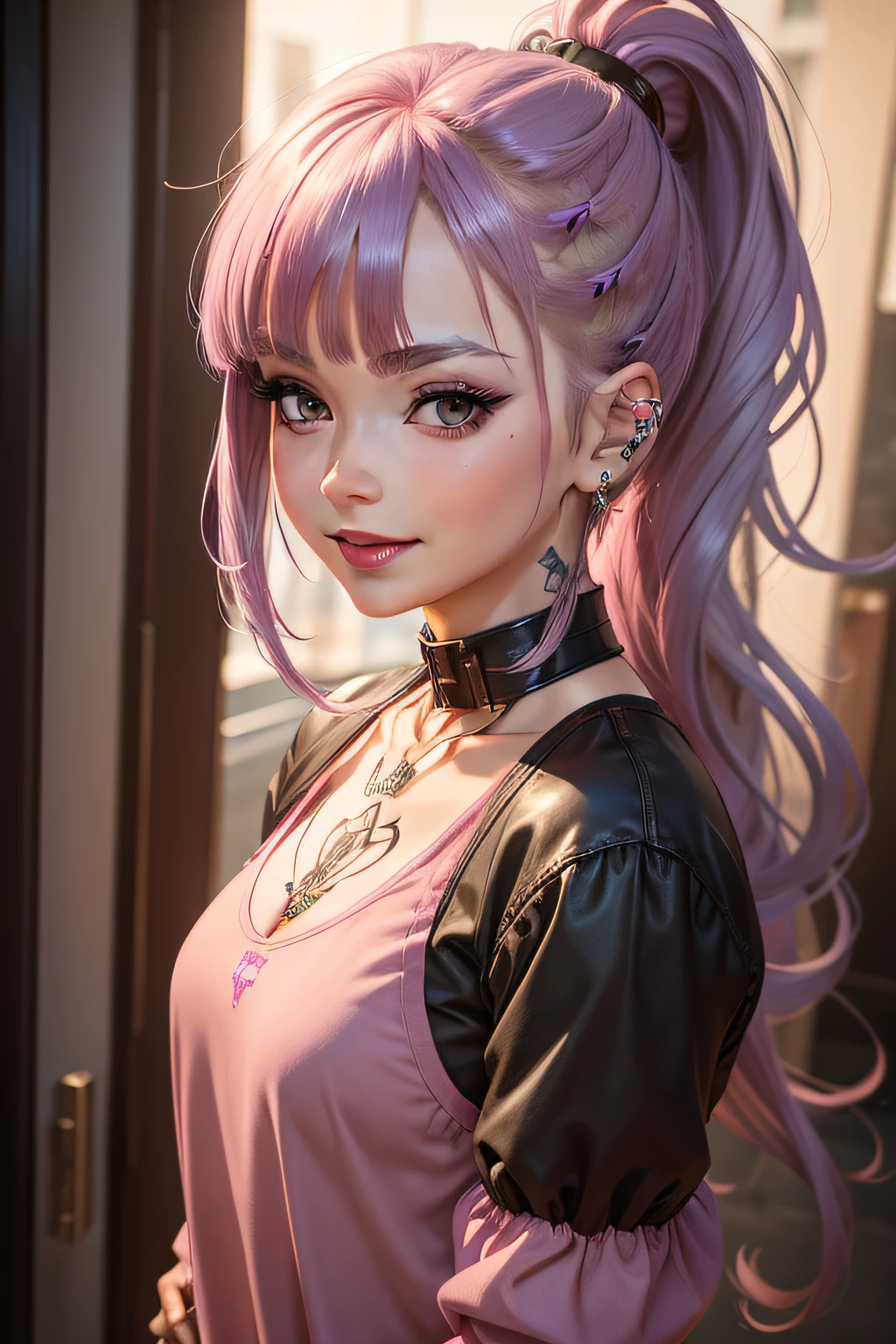masterpiece, best quality, ultra-detailed, anime_style, cute, 1 girl, official_art, android, purple_eyes, purple_hair, ponytail_hair, bangs, side_parting, fair_skin, round_face, thick_eyebrows, small_nose, full_lips, light_pink_lipstick, blush, eyelashes, ear_piercings, silver_earrings, pink_clothes, neck_tattoo, collar_up, smiling_softly, head_tilted_slightly_to_the_right, full body