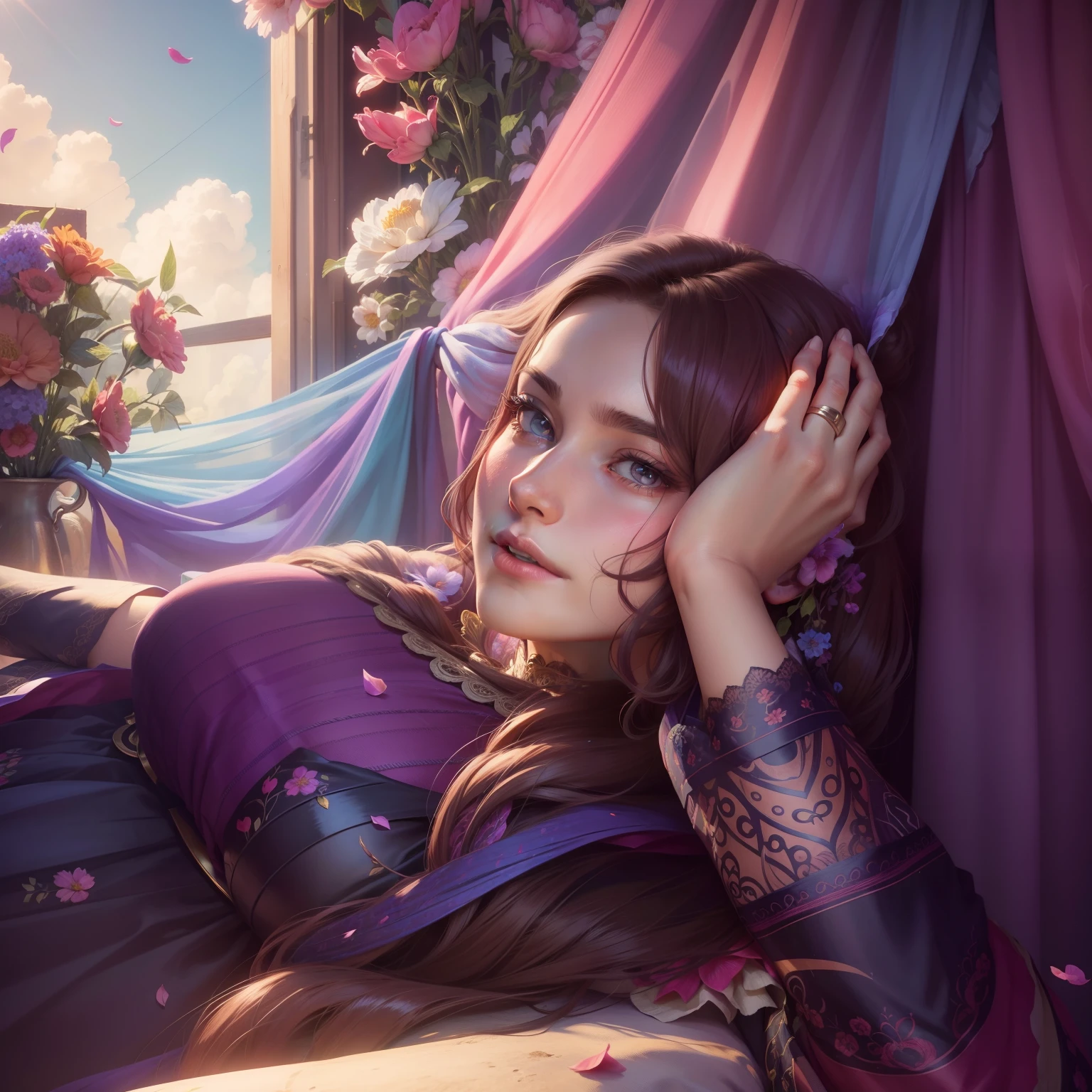 Women with a beautiful colourful dress,beautiful hair,flower background, same face,realistic,8k