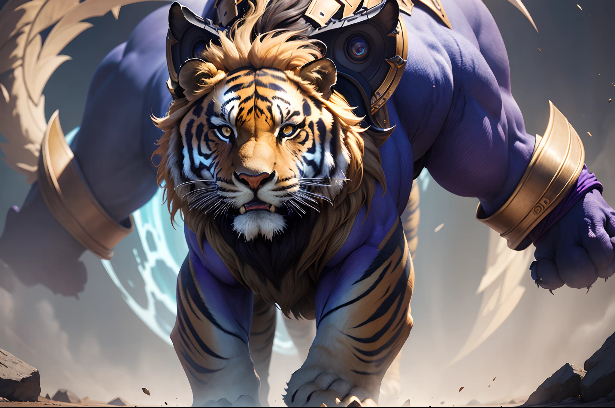 Earth Tiger Armor, the Lion,Murderous, sumptuous artwork, blue and purple hues, Cinematic, 4K, hyper photorealism, closeup detailed, Huge curves, Creative, Anti – Aliasing