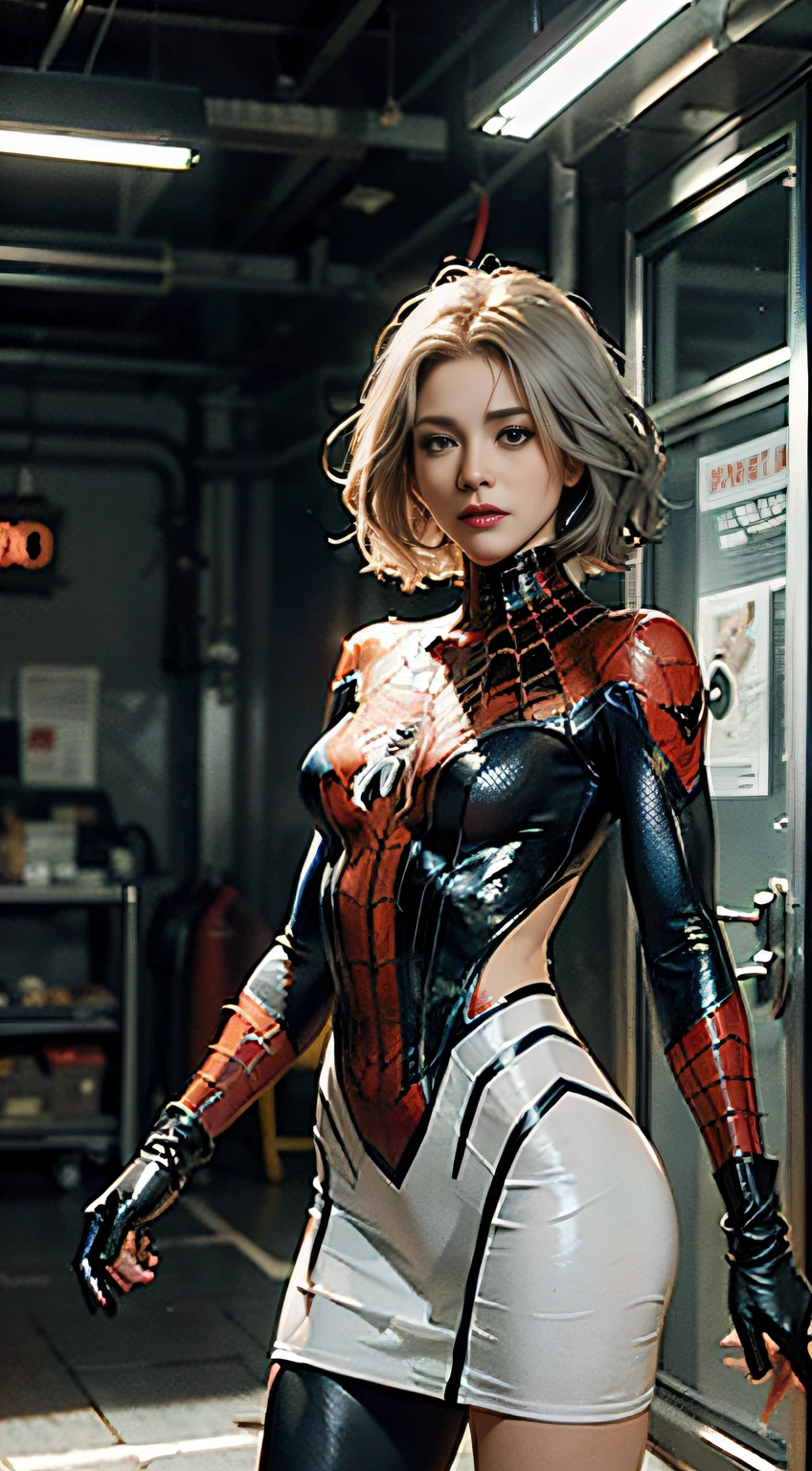 (Extreme Detail CG Unity 8K Wallpapers，tmasterpiece，Highest image quality)，(Delicate light and shadow，The picture is highly dramatic，Cinematic lens effect)，full bodyesbian，A girl in a short white Spider-Man dress，Long silver-gray hair，From the Spider-Man parallel universe，Wenger，Marvel，Spidey，dynamicposes)，(Exceptional detail，The lighting effect is outstanding，Vista wide angle)，(Excellent rendering，Enough to stand out from the crowd)，The focus is on the white Spider-Man costume，Complex spider textures