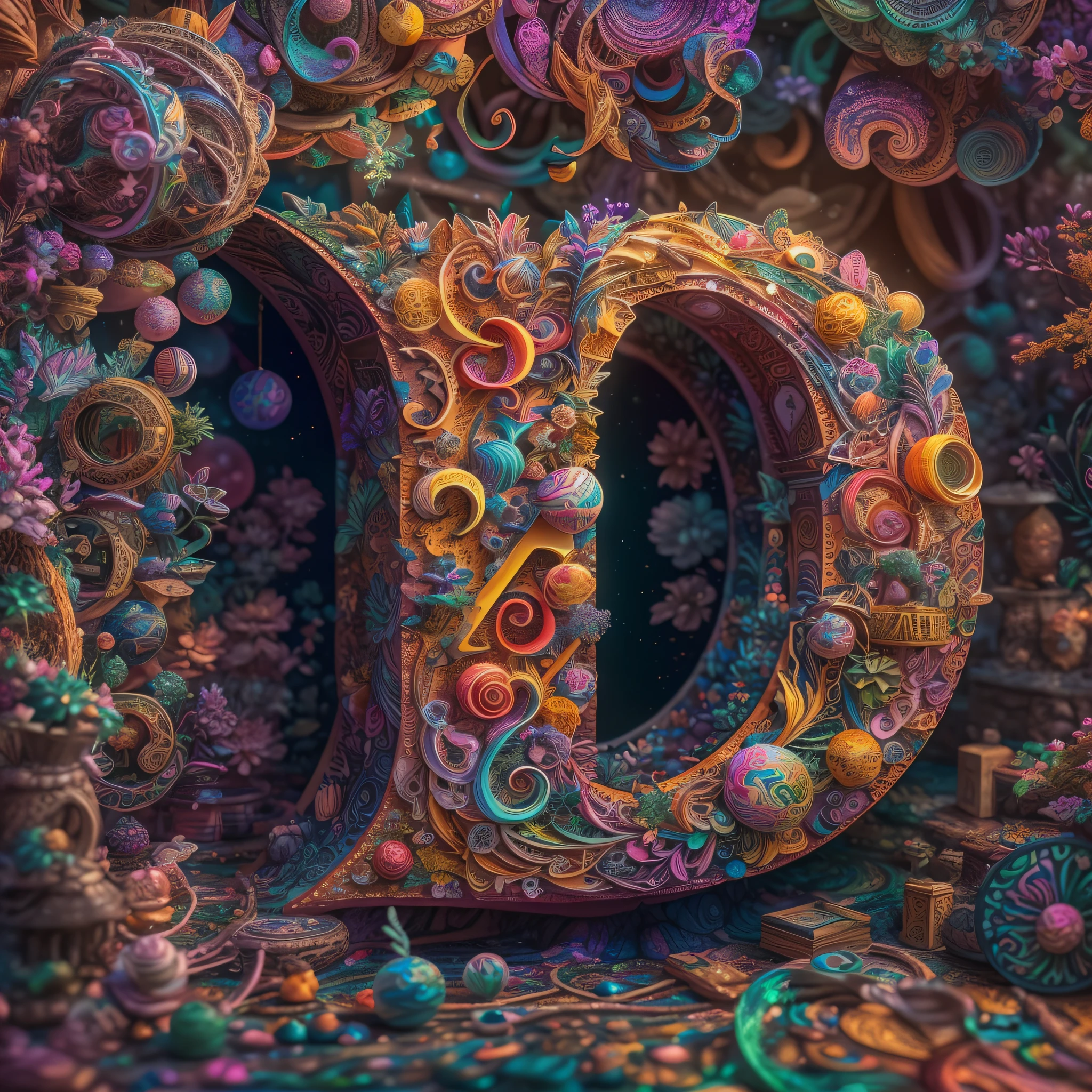 A [subject] in the form of the letter [A-Z], vibrant expressive multi-color, psy cosmic full-color art, 3D, incredibly detailed, studio product photography lighting, Photo taken by Nikon one「object」，letter「A-Z」form，Vibrant expressive multicolor，Psy Universe Full Color Art，3D，incredibily detailed，Studio product photography lighting，photo taken by nikon。A tiny enchanted forest in the form of the letter U，Vibrant expressiveness more - color，PSY Universe Full - Color Art，3D，incredibily detailed，Studio product photography lighting，photo taken by nikon。